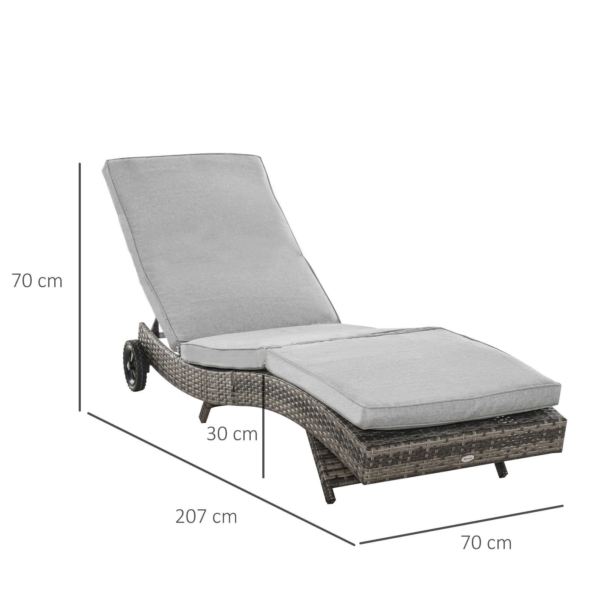 Outsunny Tumbona de Ratán Reclinable Tumbona de Jardín en Forma de S con 2 Ruedas Respaldo Ajustable en 5 Posiciones y Cojín Extraíble para Patio Terraza 207x70x70 cm Gris