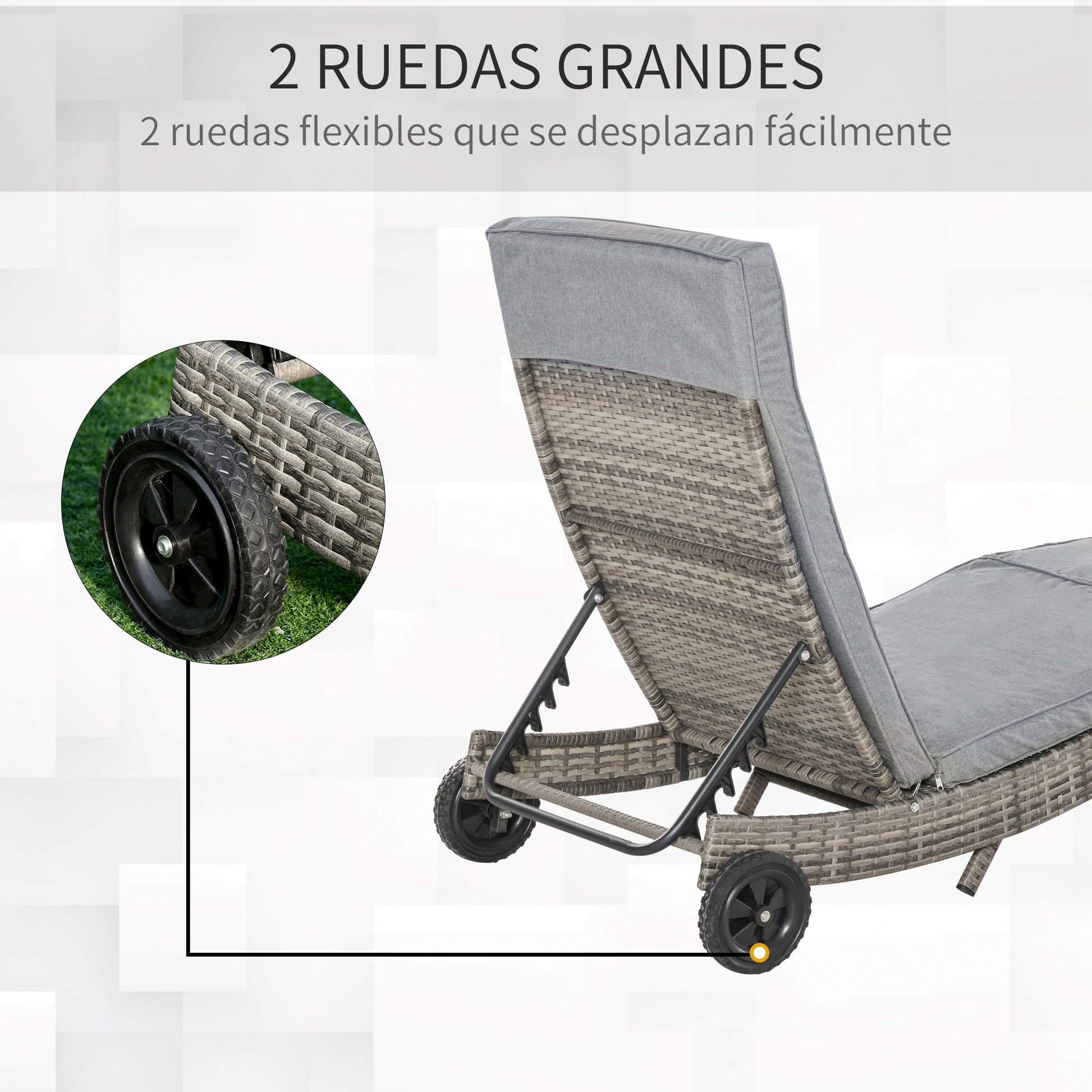 Outsunny Tumbona de Ratán Reclinable Tumbona de Jardín en Forma de S con 2 Ruedas Respaldo Ajustable en 5 Posiciones y Cojín Extraíble para Patio Terraza 207x70x70 cm Gris