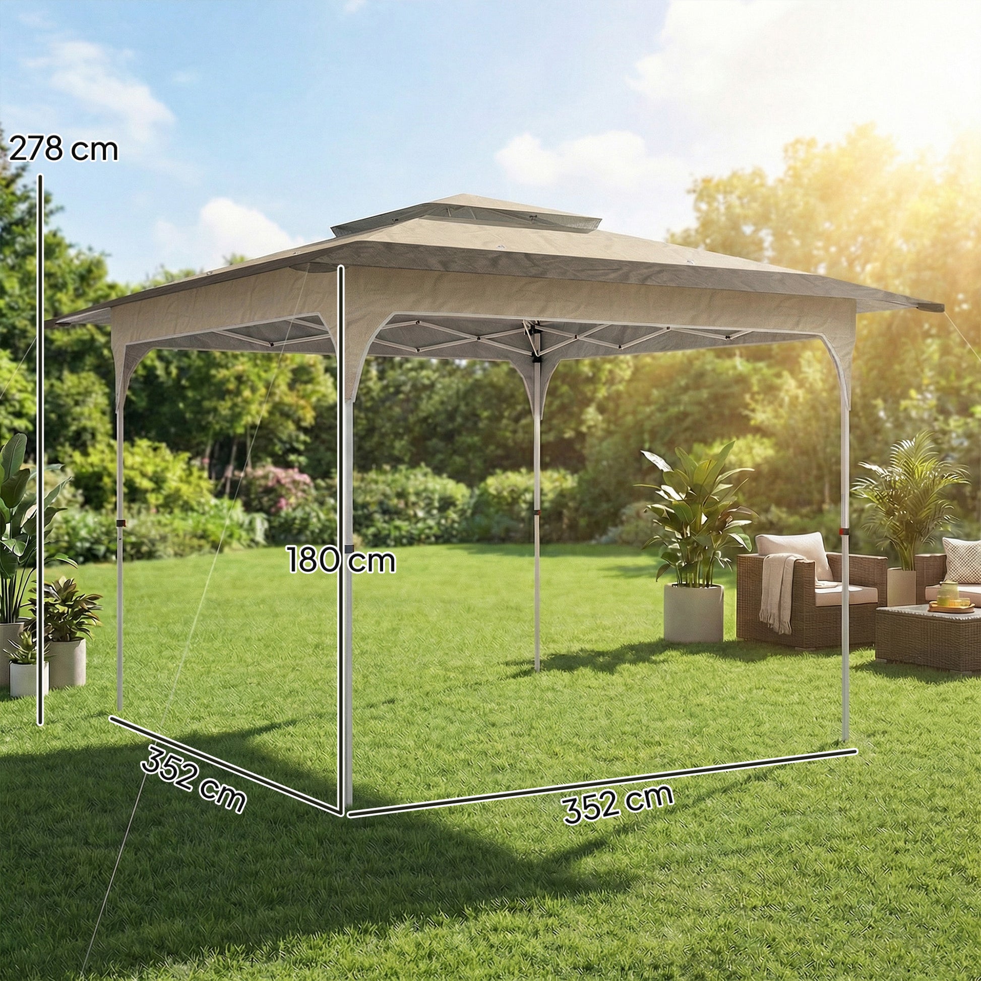Outsunny Carpa Plegable 3,5x3,5 m, Pop-up, Cenador Pabellón de Jardín con Doble Techo, Cierre Central, UPF50+, Altura Ajustable de 3 Niveles y Bolsa de Transporte, Gazebo para Fiestas, Exterior, Caqui