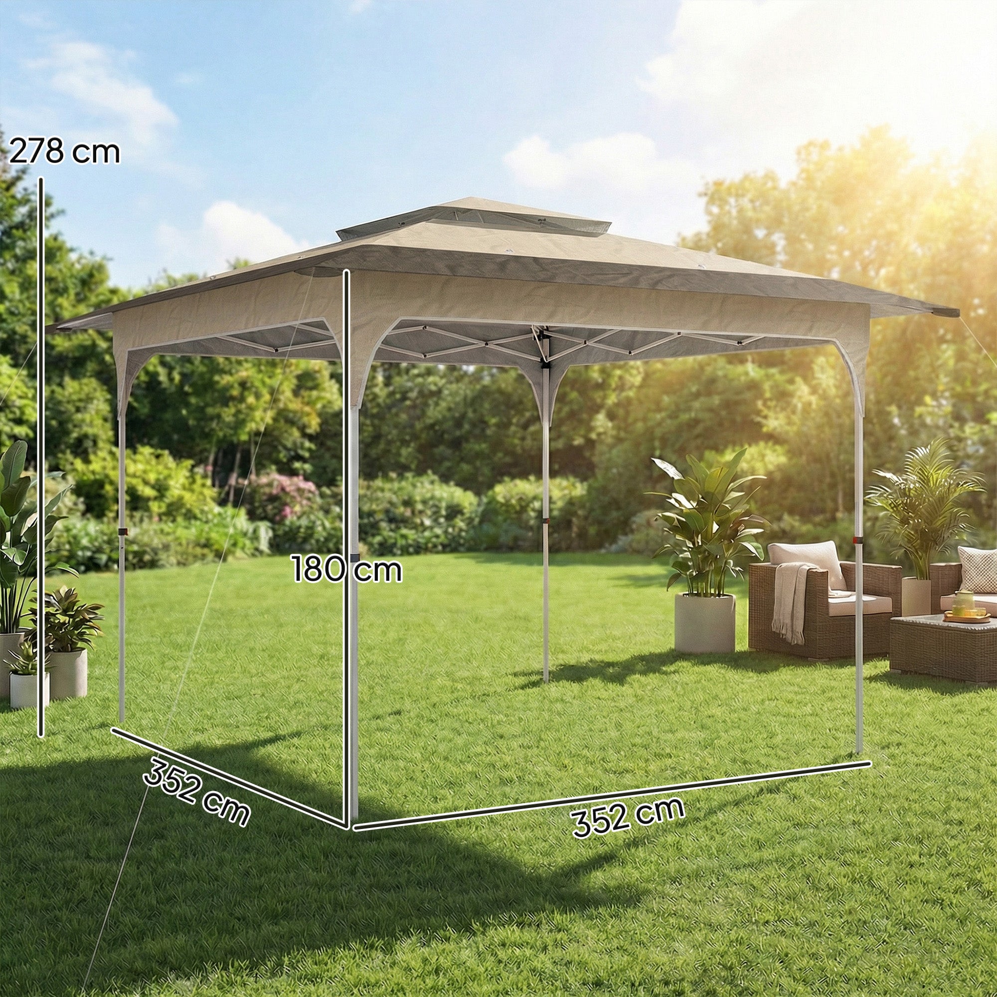 Outsunny Carpa Plegable 3,5x3,5 m, Pop-up, Cenador Pabellón de Jardín con Doble Techo, Cierre Central, UPF50+, Altura Ajustable de 3 Niveles y Bolsa de Transporte, Gazebo para Fiestas, Exterior, Caqui