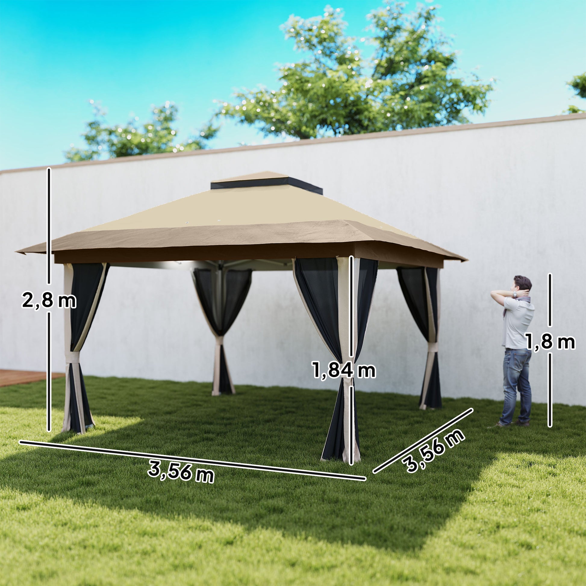 Outsunny Carpa Plegable Gazebo, 3,6x3,6 m, Cenador Plegable con 4 Paredes Laterales de Malla, Anti-UV, Altura Ajustable, Bolsa de Arena y Bolsa de Transporte, para Camping, Fiestas, Beige