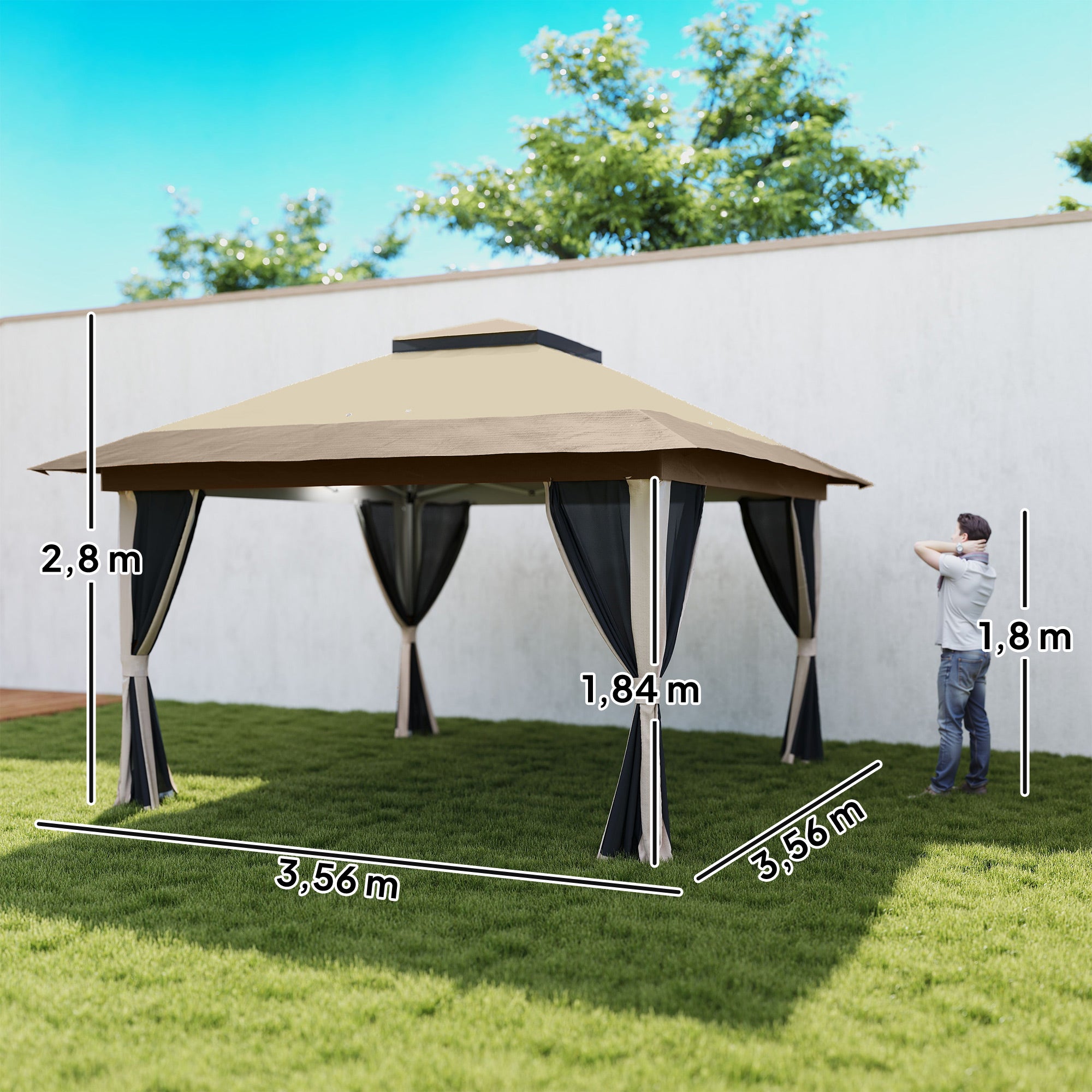 Outsunny Carpa Plegable Gazebo, 3,6x3,6 m, Cenador Plegable con 4 Paredes Laterales de Malla, Anti-UV, Altura Ajustable, Bolsa de Arena y Bolsa de Transporte, para Camping, Fiestas, Beige