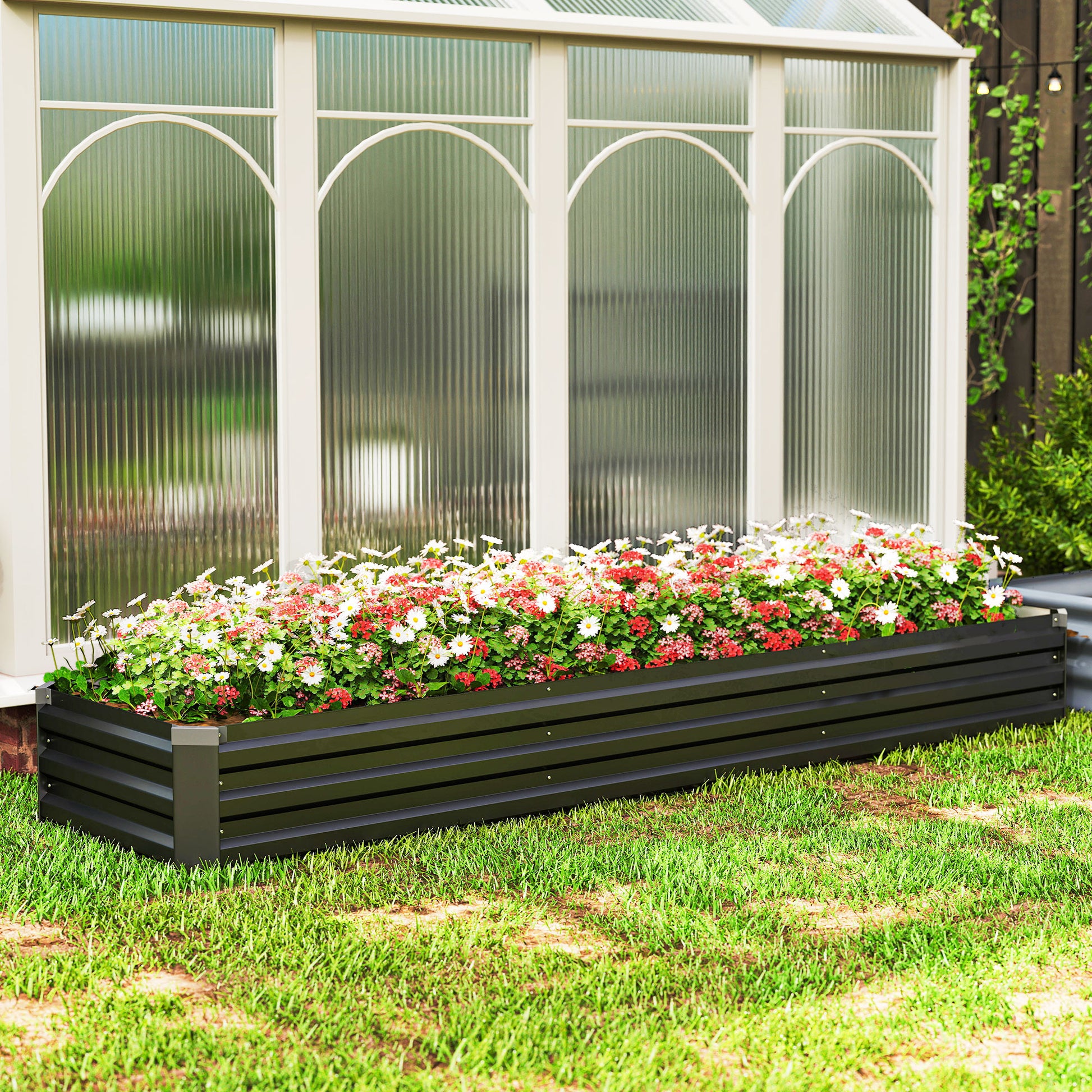 Outsunny Jardinera Exterior Grande Rectangular de Acero Galvanizado, Huerto Urbano para Cultivar Plantas Hierba, Macetero Grande Exterior con Base Abierta Resistente a la Intemperie 240x60x30 cm Gris