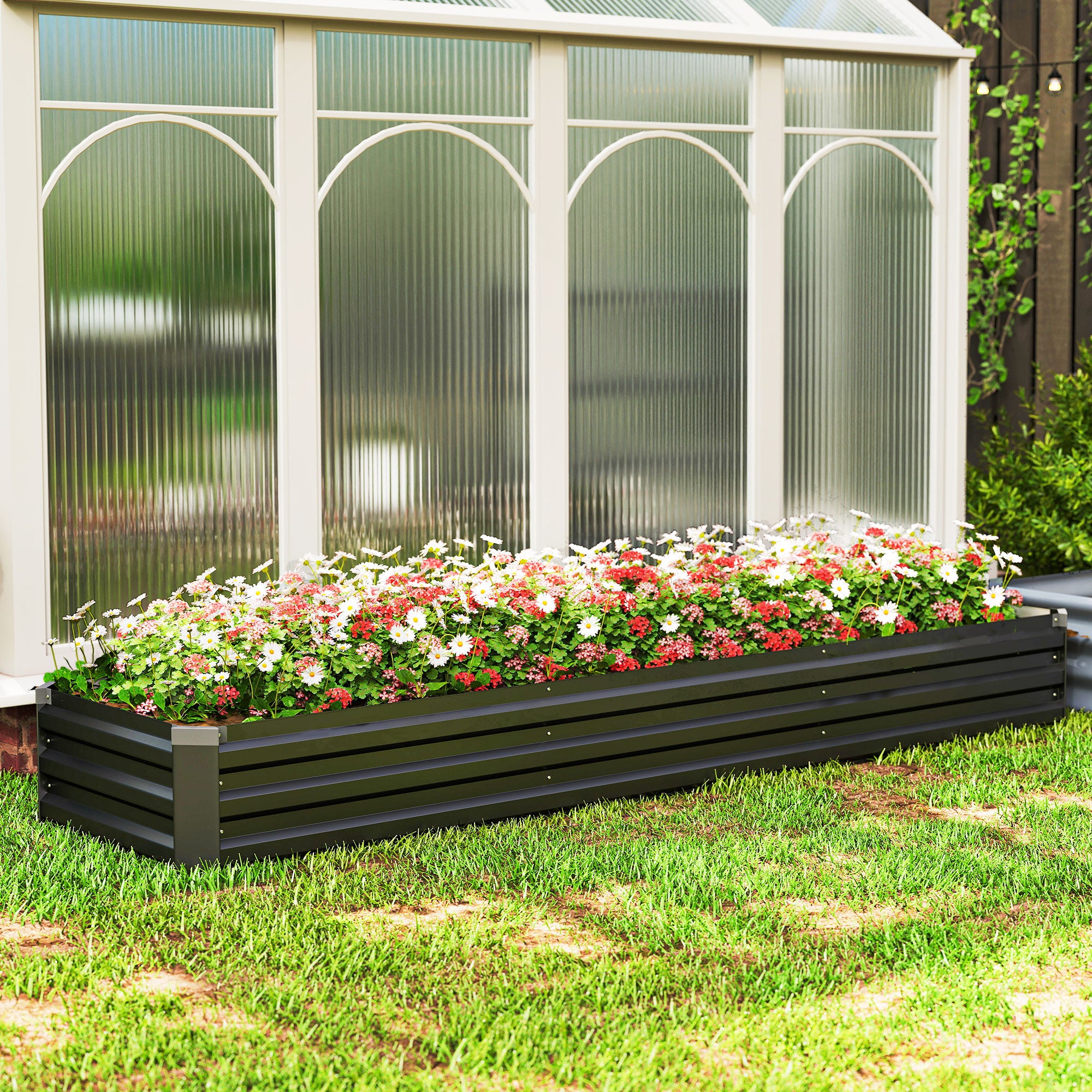 Outsunny Jardinera Exterior Grande Rectangular de Acero Galvanizado, Huerto Urbano para Cultivar Plantas Hierba, Macetero Grande Exterior con Base Abierta Resistente a la Intemperie 240x60x30 cm Gris