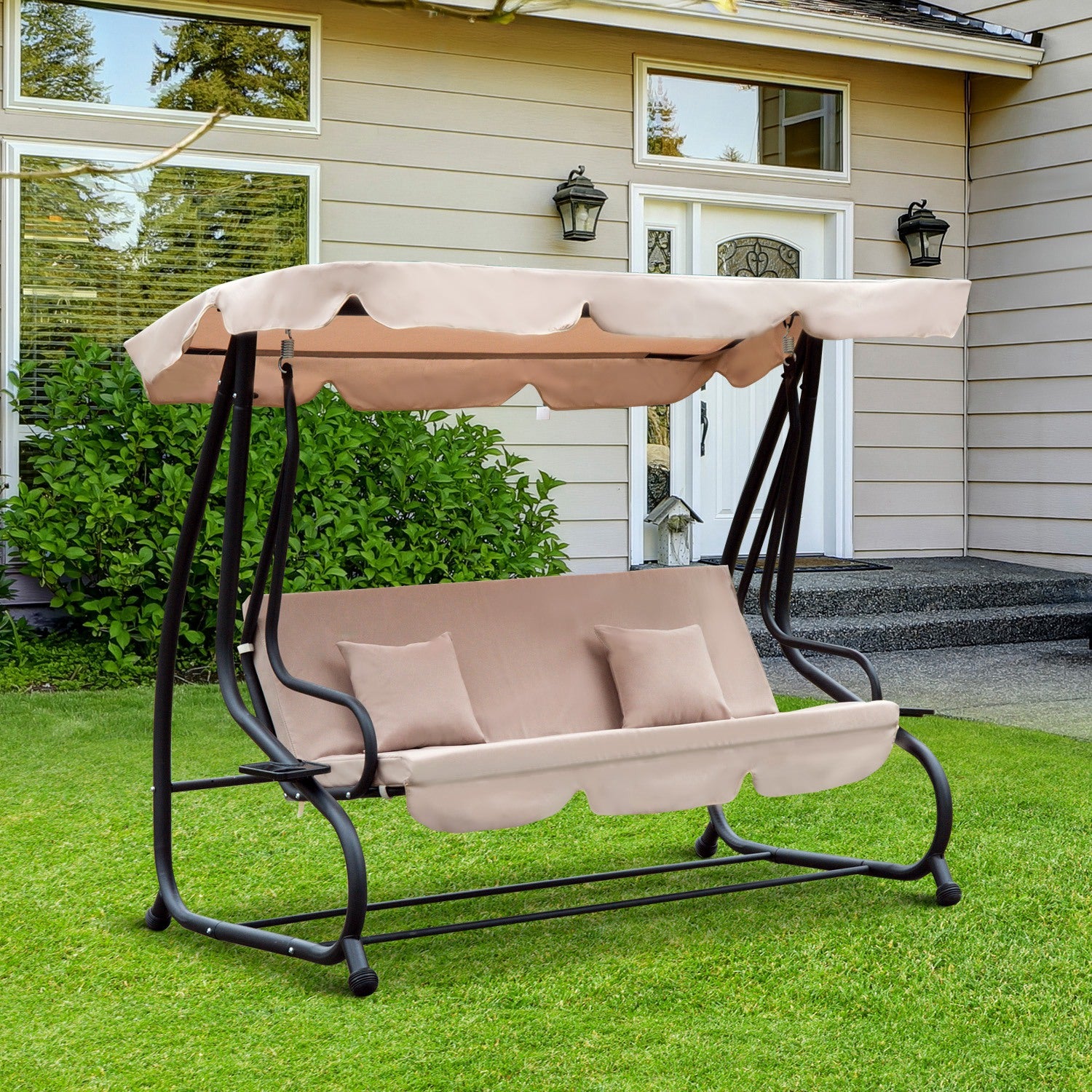 Outsunny Columpio Balancín Jardín 3 Plazas Convertible en Cama Techo Parasol Regulable Bandeja para Bebida Terrza Balcón Exterior Carga máx. 340kg 200x120x164cm Marco Acero