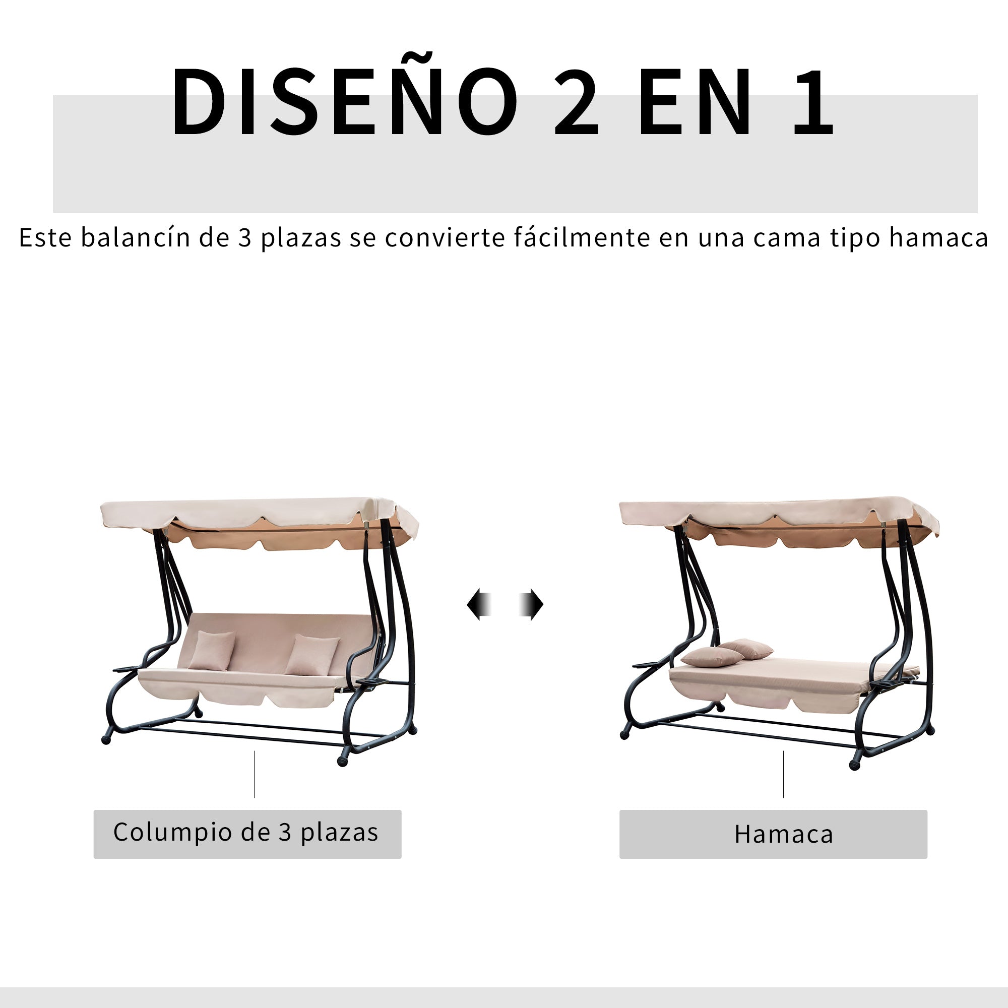 Outsunny Columpio Balancín Jardín 3 Plazas Convertible en Cama Techo Parasol Regulable Bandeja para Bebida Terrza Balcón Exterior Carga máx. 340kg 200x120x164cm Marco Acero