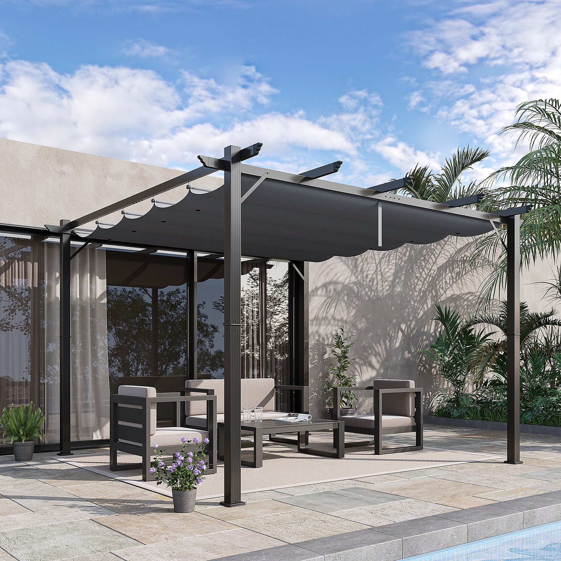 Outsunny Pérgola con Techo Retráctil Pérgola de Aluminio 3x3 m Cenador con Tela de Poliéster Resistente al Agua Anti-UV Pabellón para Jardín Patio Terraza Exterior Gris