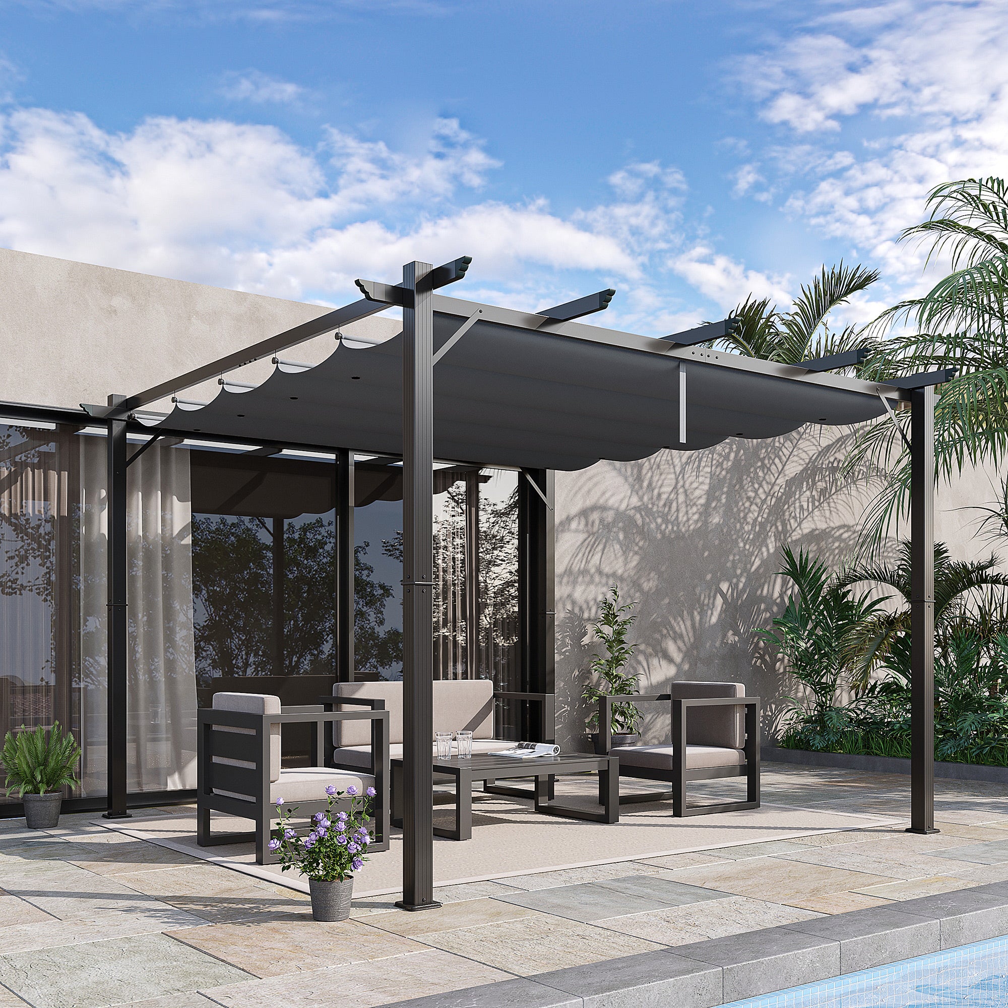 Outsunny Pérgola con Techo Retráctil Pérgola de Aluminio 3x3 m Cenador con Tela de Poliéster Resistente al Agua Anti-UV Pabellón para Jardín Patio Terraza Exterior Gris