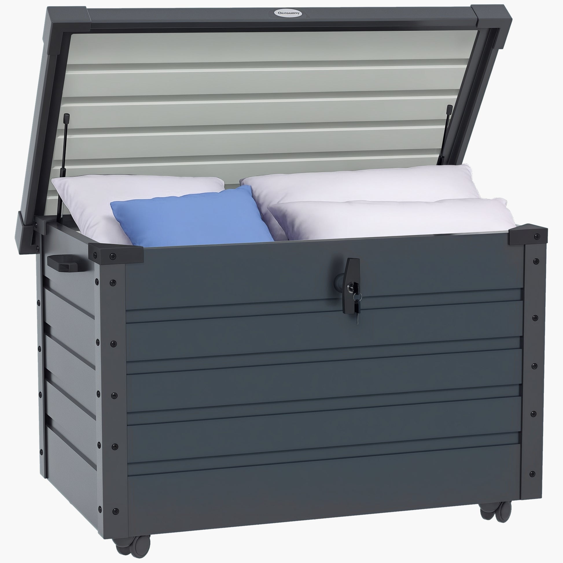 Outsunny Arcón Exterior Capacidad 295L, Baúl de Almacenaje de Acero Galvanizado con 4 Ruedas, 2 Asas y Tapa con Cerradura, Impermeable, para Jardín, Terraza, Patio, 100x62x65 cm, Gris Oscuro