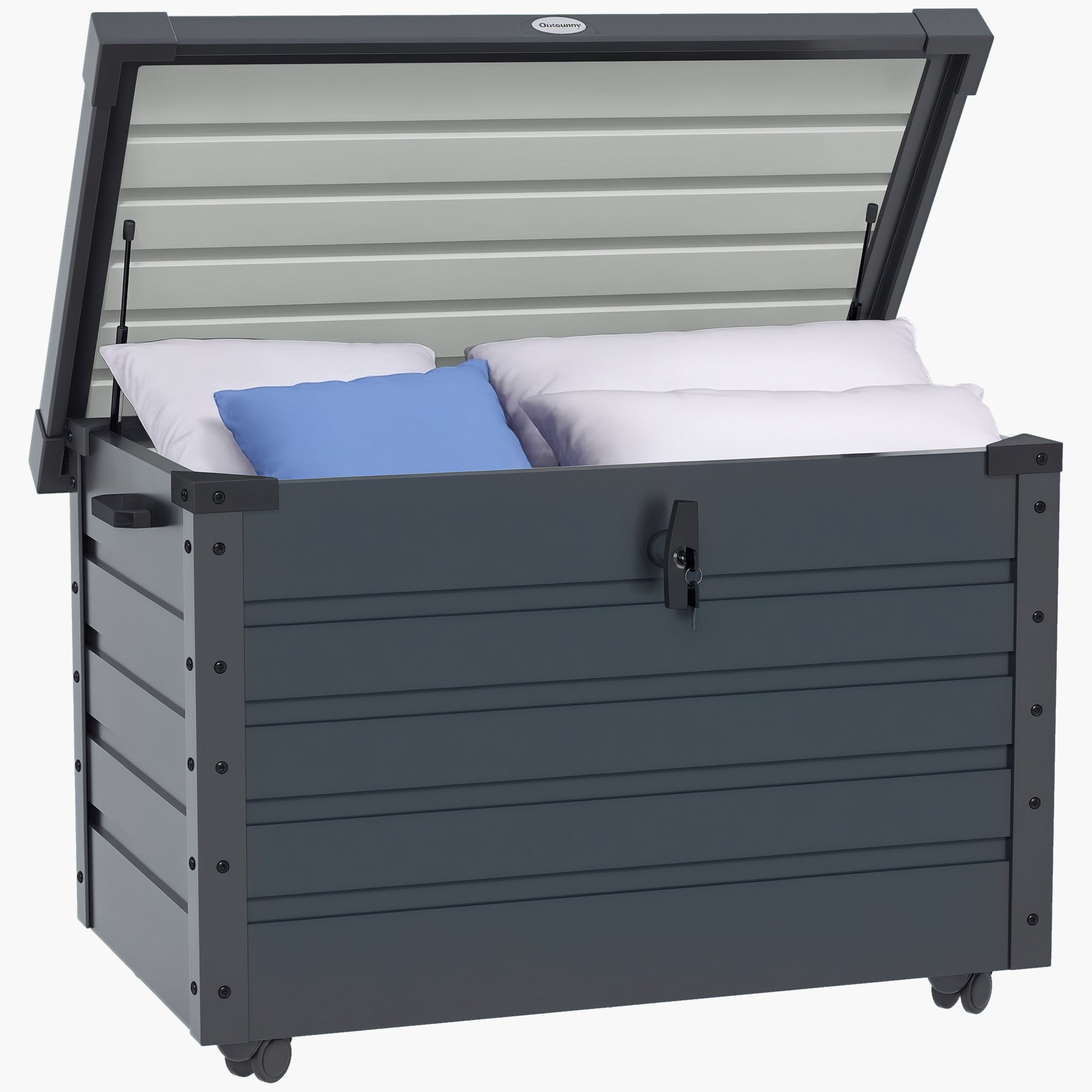 Outsunny Arcón Exterior Capacidad 295L, Baúl de Almacenaje de Acero Galvanizado con 4 Ruedas, 2 Asas y Tapa con Cerradura, Impermeable, para Jardín, Terraza, Patio, 100x62x65 cm, Gris Oscuro