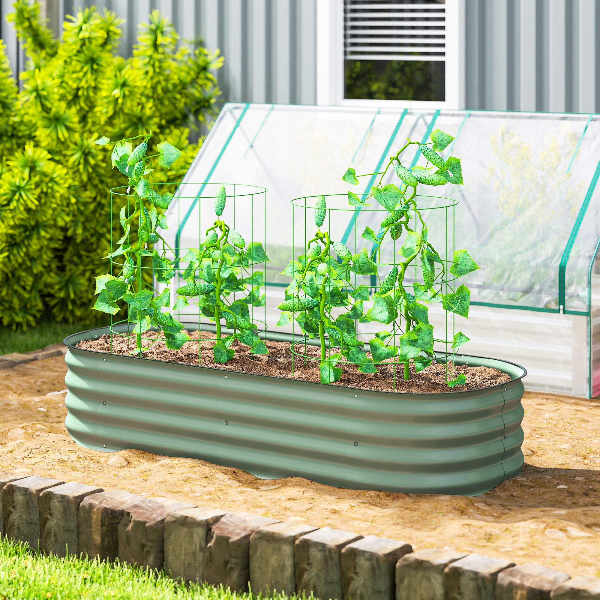 Outsunny Jardinera Exterior Grande de Acero Galvanizado, Huerto Urbano para Cultivar Plantas, Macetero Exterior con Bordes de Seguridad, Fácil Montaje, Resistente a la Intemperie, 150x62x30 cm, Verde