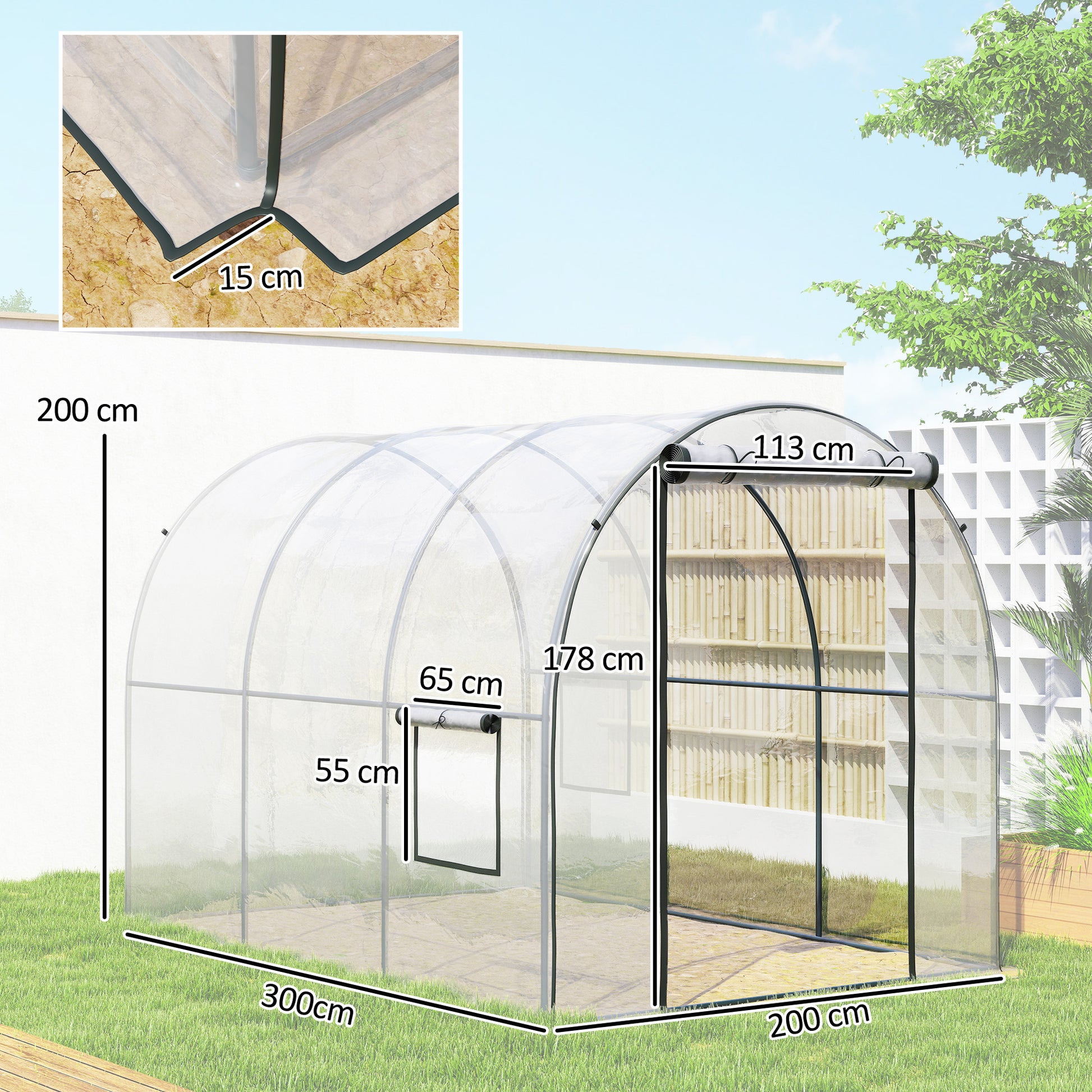 Outsunny Invernadero de Exterior 3x2x2 m, Invernadero de Túnel con Puerta Enrollable, 2 Ventanas de Malla, Cubierta de Plástico y Marco de Acero, Anti-UV, para Cultivos, Plantas, Flores, Transparente