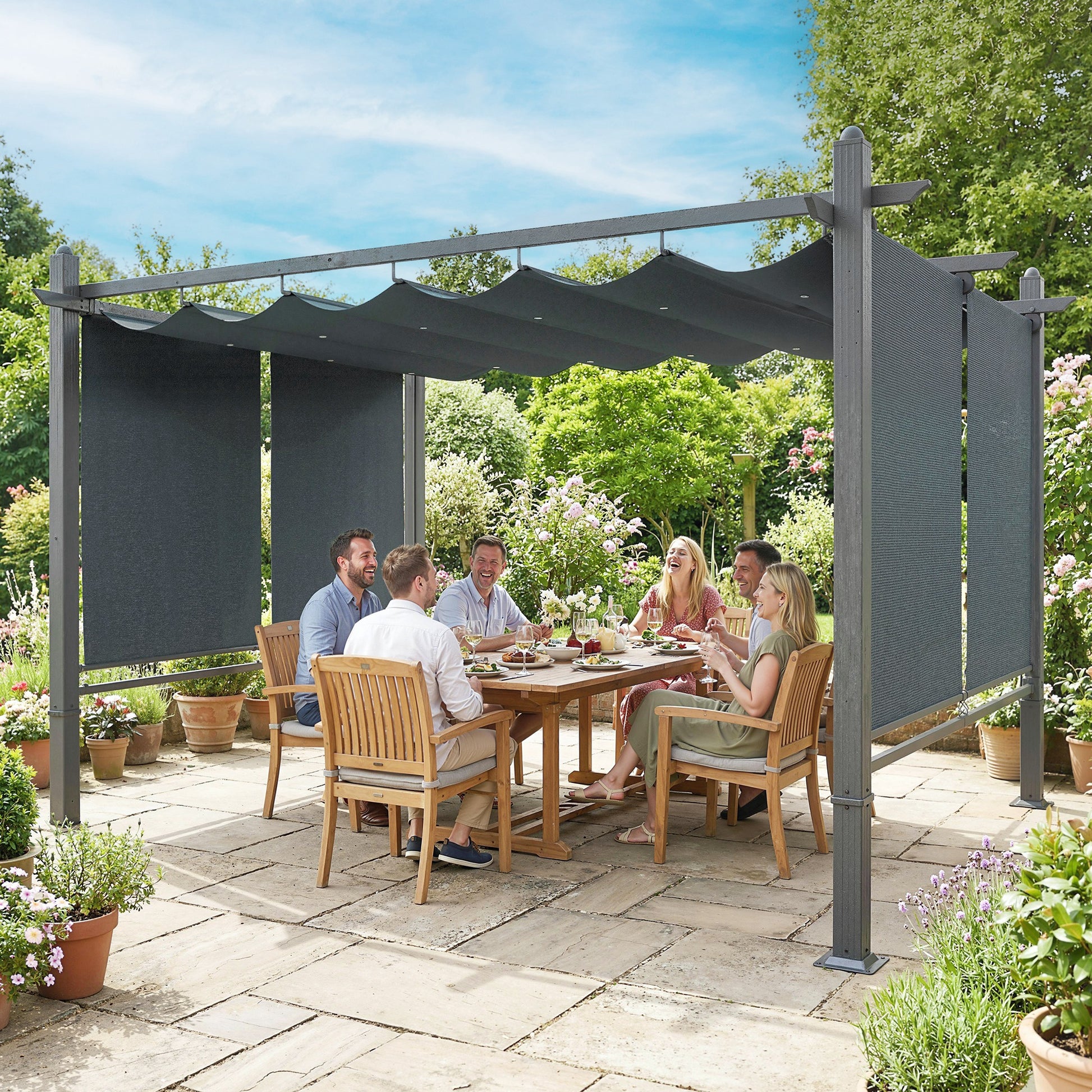 Outsunny Pérgola de Jardín 4x3 m con Techo Retráctil y 4 Cortinas Enrollables Automáticas, Cenador de Jardín con Protección UV50+, Estructura de Aluminio, Drenaje, Pabellón para Exterior, Gris Oscuro