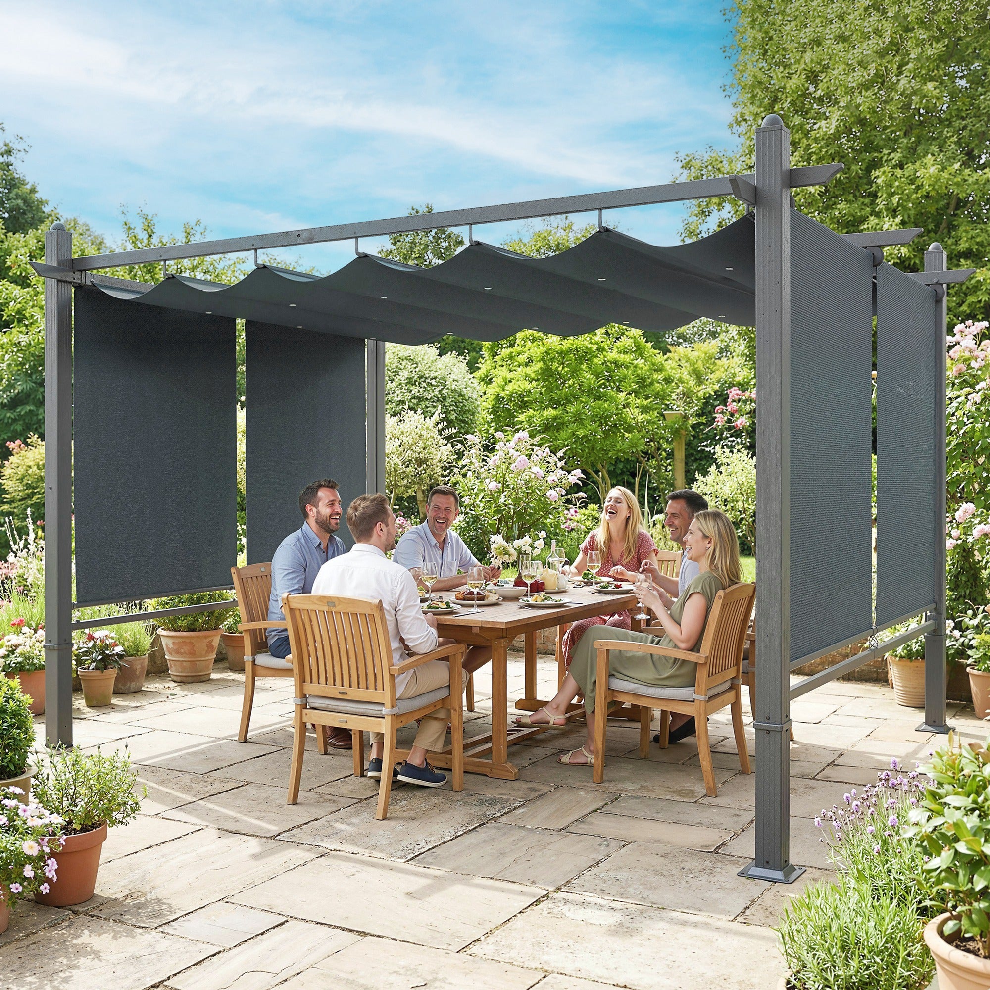 Outsunny Pérgola de Jardín 4x3 m con Techo Retráctil y 4 Cortinas Enrollables Automáticas, Cenador de Jardín con Protección UV50+, Estructura de Aluminio, Drenaje, Pabellón para Exterior, Gris Oscuro