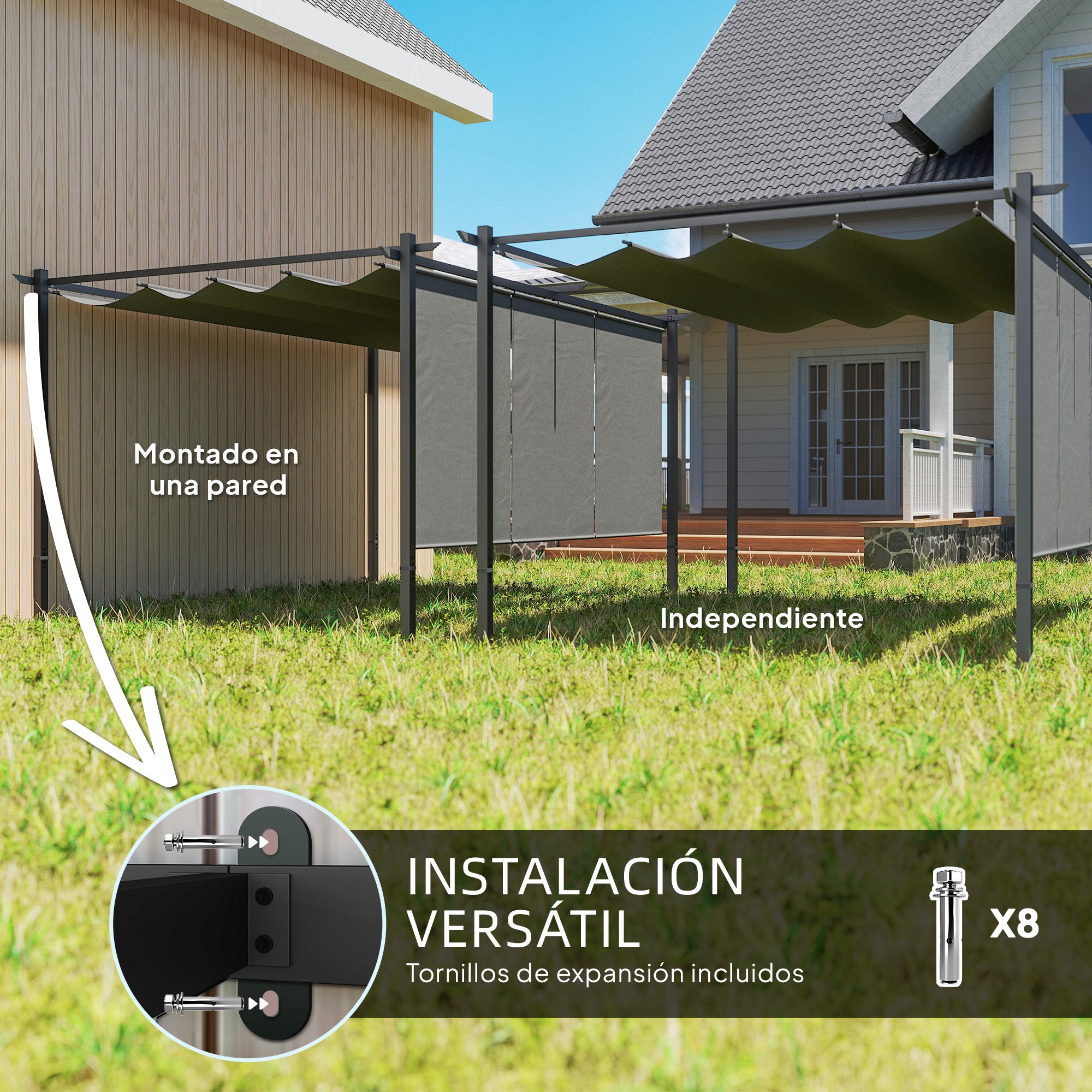 Outsunny Pérgola de Jardín 4x3 m con Techo Retráctil y 3 Laterales Enrollables, Cenador de Jardín Montado en Pared o Independiente, con UPF30+, Estructura Metálica, Pabellón para Exterior, Gris