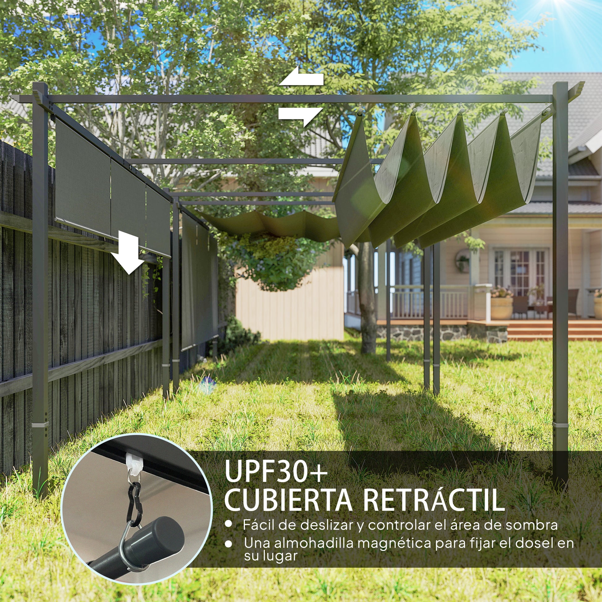 Outsunny Pérgola de Jardín 4x3 m con Techo Retráctil y 3 Laterales Enrollables, Cenador de Jardín Montado en Pared o Independiente, con UPF30+, Estructura Metálica, Pabellón para Exterior, Gris
