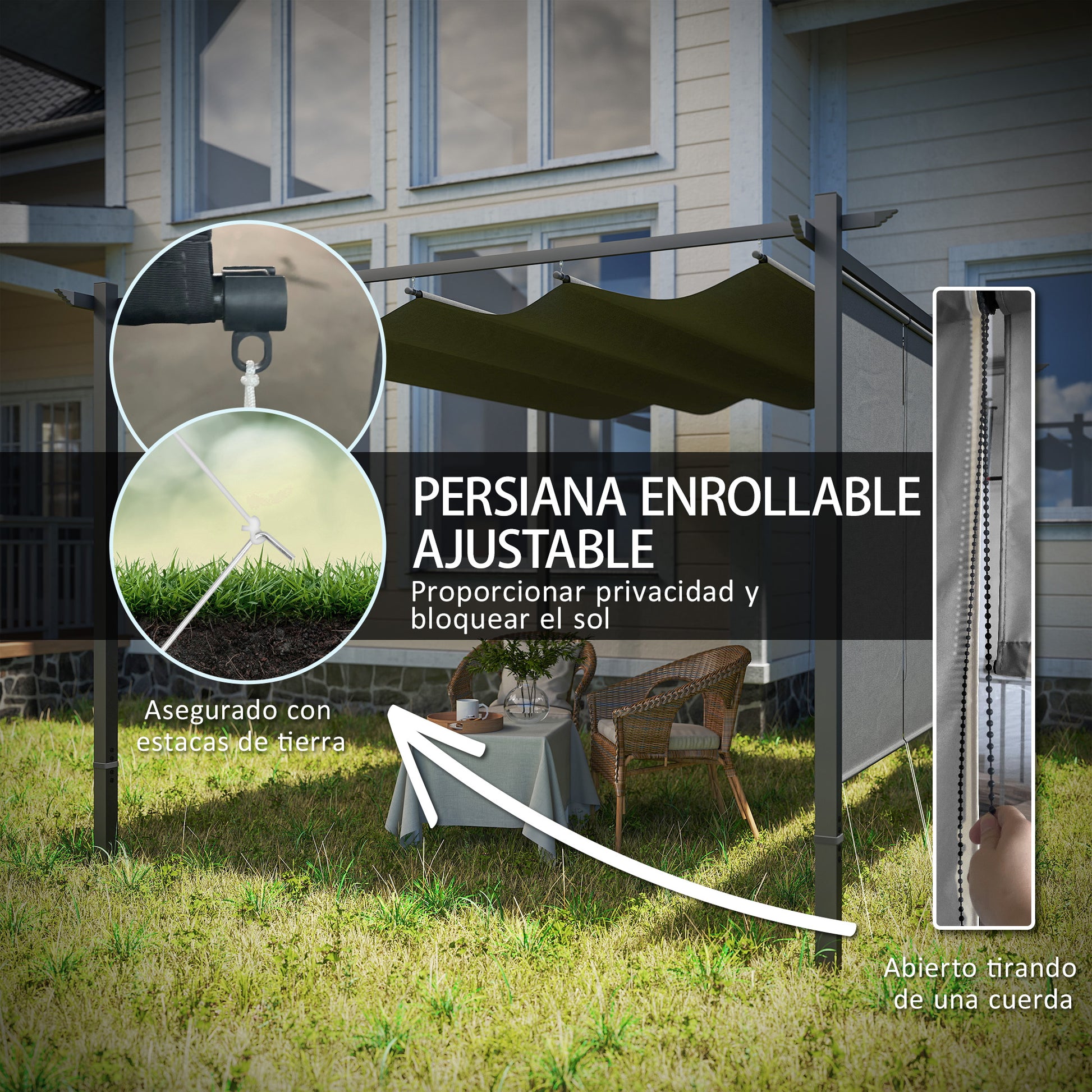 Outsunny Pérgola de Jardín 4x3 m con Techo Retráctil y 3 Laterales Enrollables, Cenador de Jardín Montado en Pared o Independiente, con UPF30+, Estructura Metálica, Pabellón para Exterior, Gris