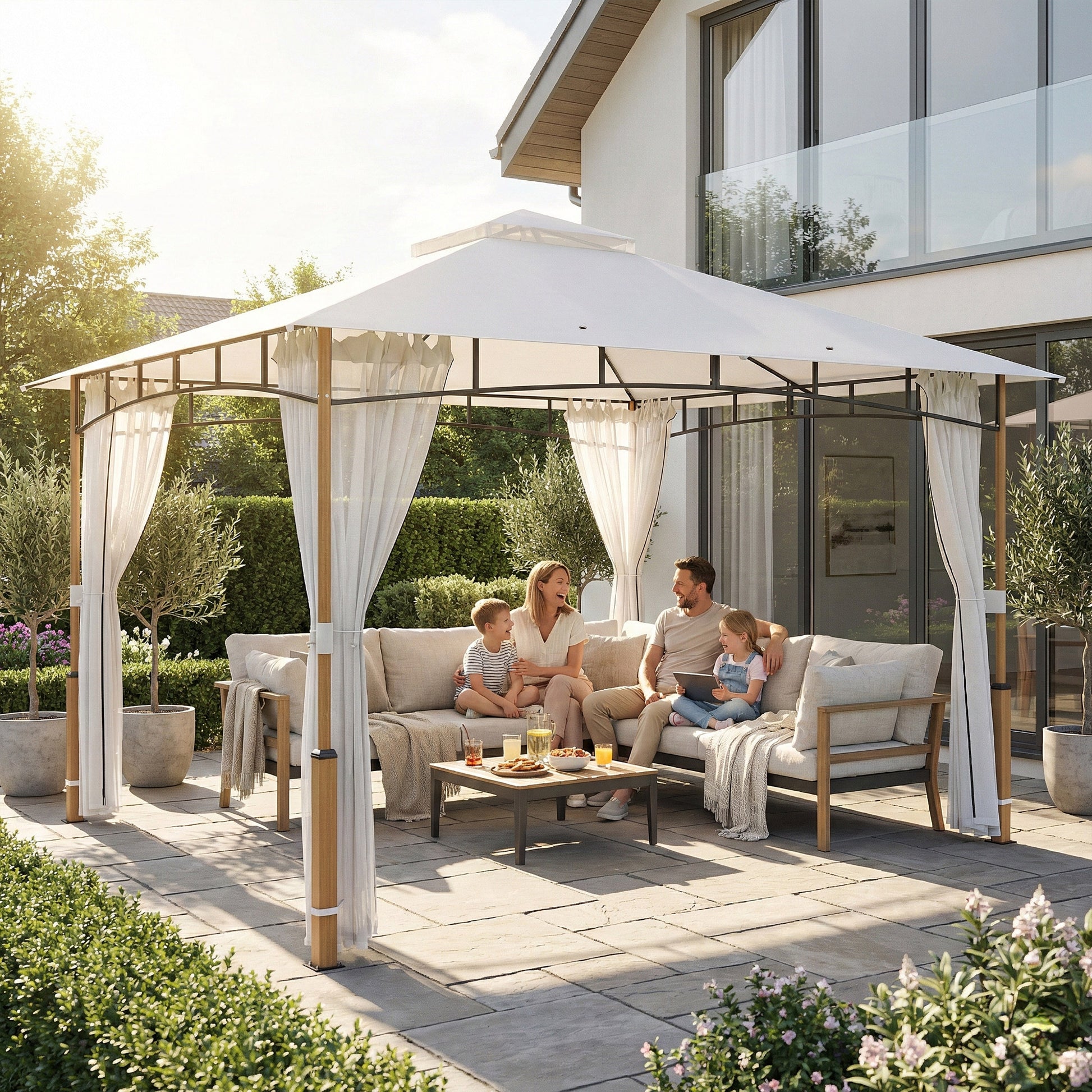 Outsunny Cenador para Jardín 3x3,6 m, Pabellón de Jardín Gazebo con Doble Techo, Paredes de Malla, UPF50+, Estructura de Metal, Carpa para Exterior, Terraza, Patio, Crema y Teca