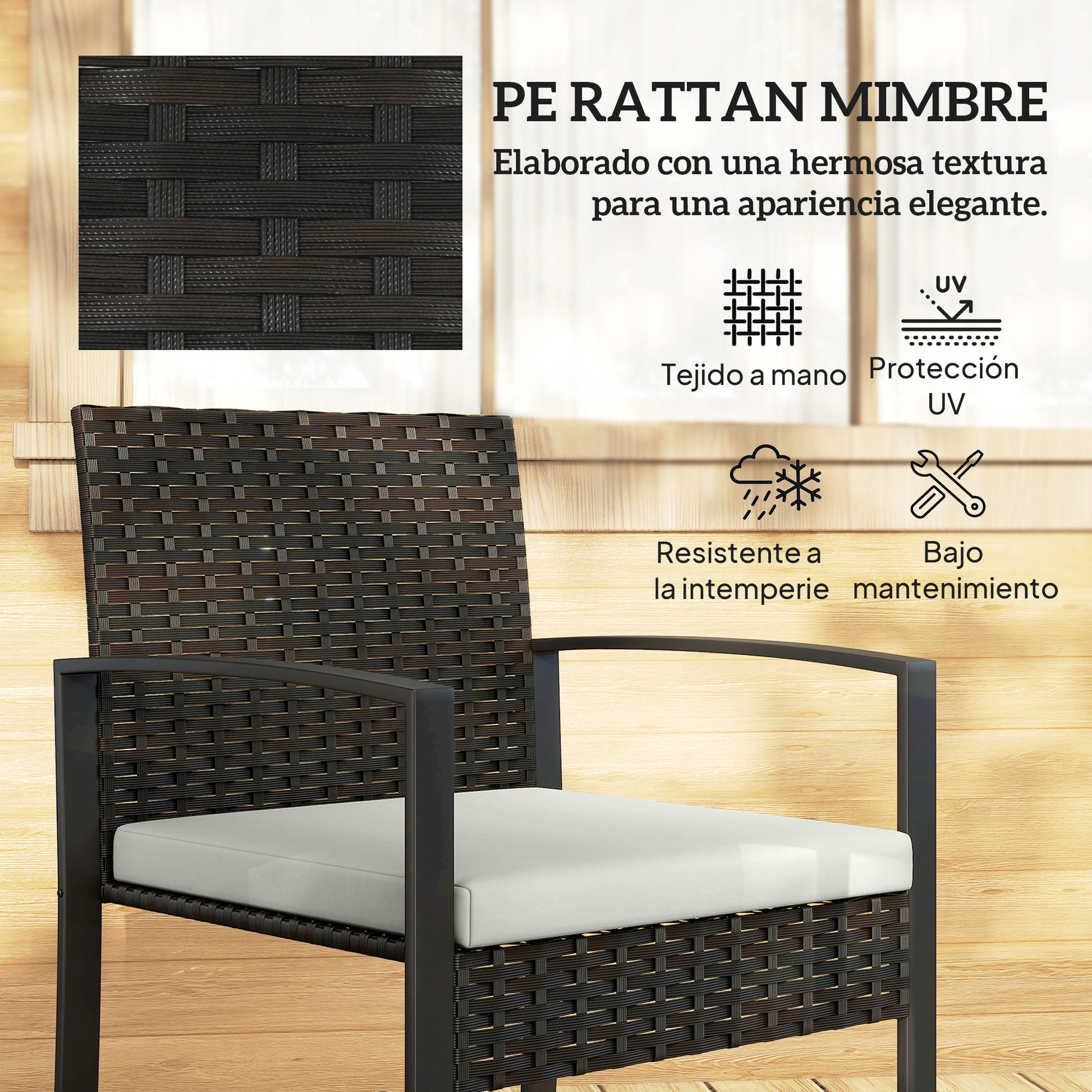 Outsunny Conjunto de Jardín Exterior de 3 Piezas, Muebles Jardín Exterior de Ratán con 2 Sillas con Cojines Lavables y Mesa de Vidrio Templado, Resistente a Intemperie, para Balcón, Patio, Crema