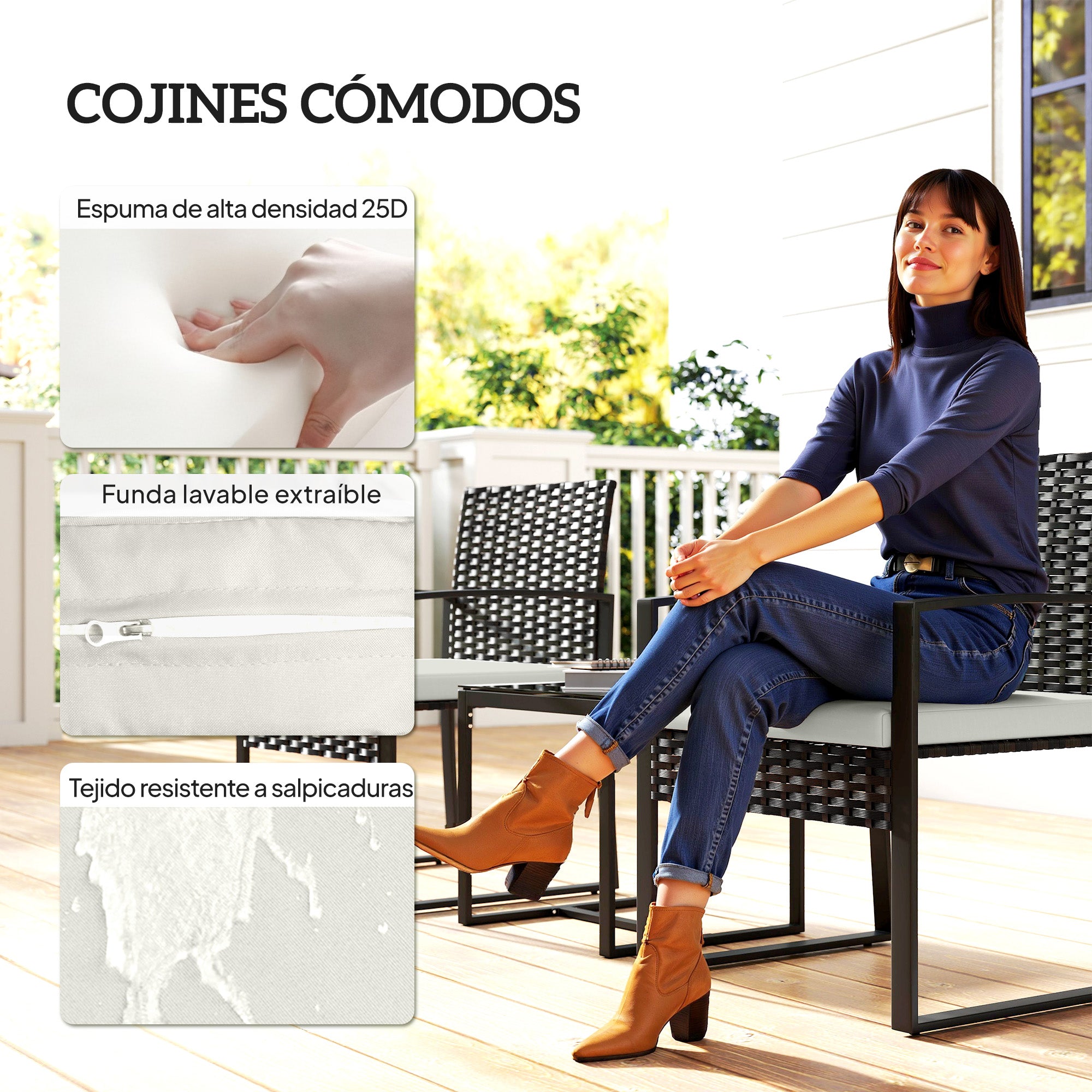 Outsunny Conjunto de Jardín Exterior de 3 Piezas, Muebles Jardín Exterior de Ratán con 2 Sillas con Cojines Lavables y Mesa de Vidrio Templado, Resistente a Intemperie, para Balcón, Patio, Crema