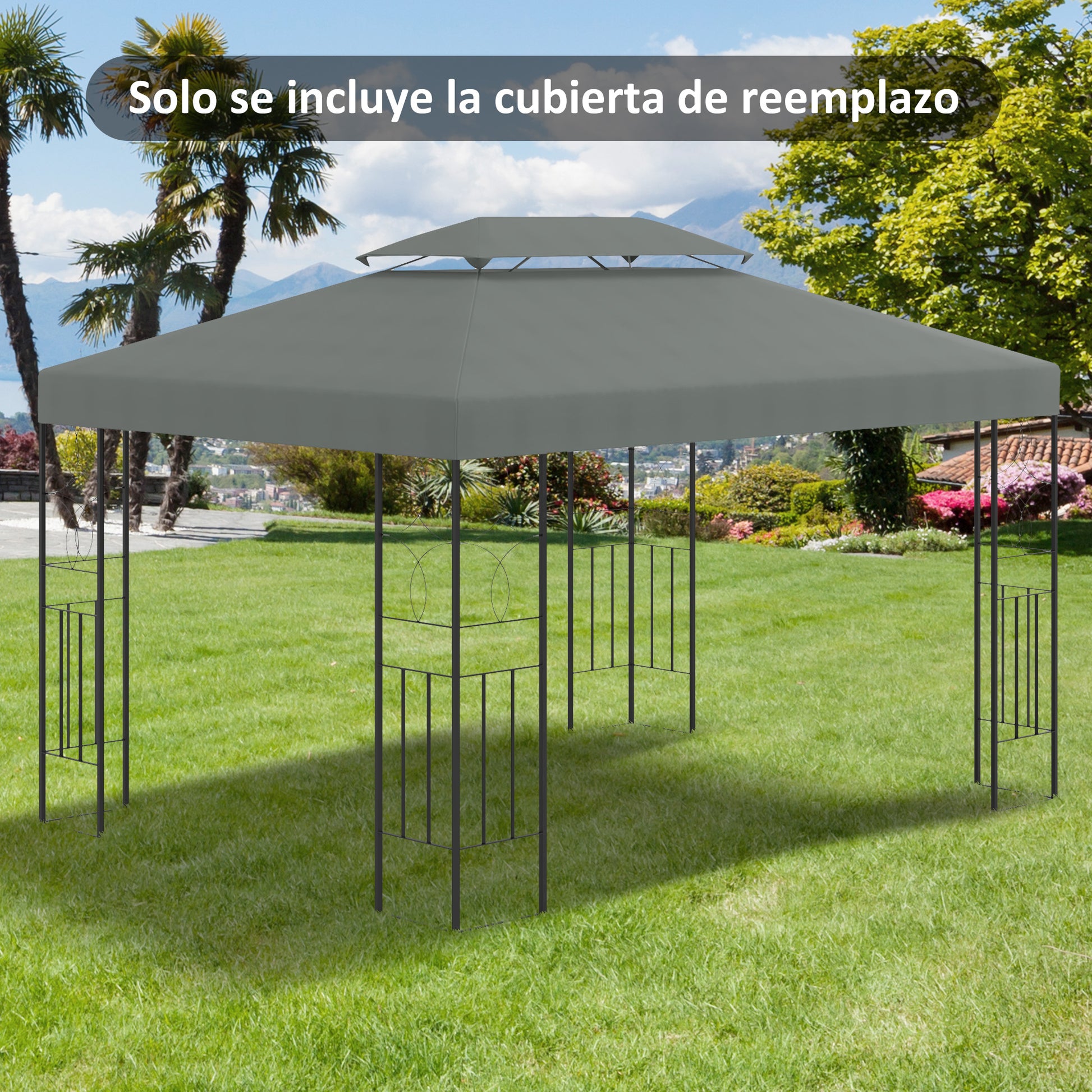 Outsunny Techo de Repuesto para Cenador 4x3 m Cubierta de Repuesto con Techo Doble 10 Orificios de Drenaje y Protección UV Toldo de Recambio para Pabellón Gazebo Gris Oscuro