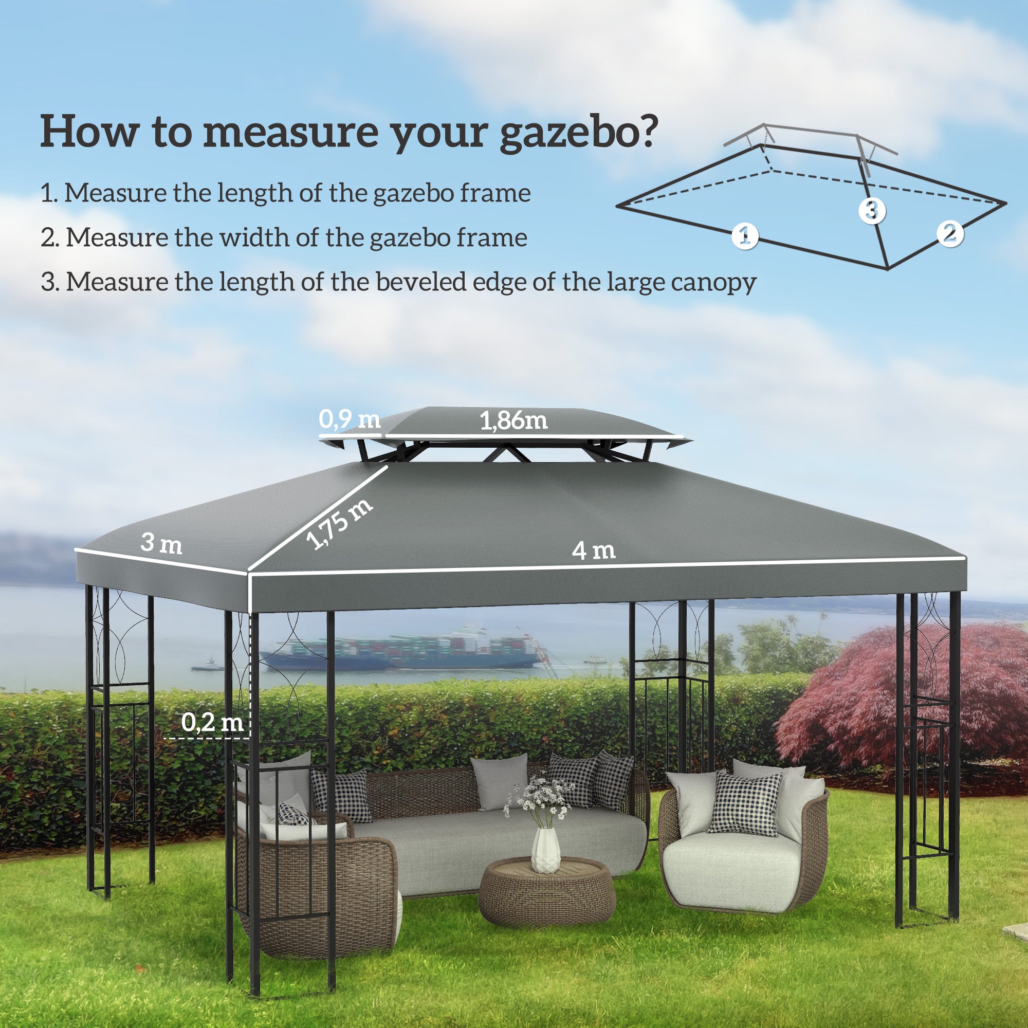 Outsunny Techo de Repuesto para Cenador 4x3 m Cubierta de Repuesto con Techo Doble 10 Orificios de Drenaje y Protección UV Toldo de Recambio para Pabellón Gazebo Gris Oscuro