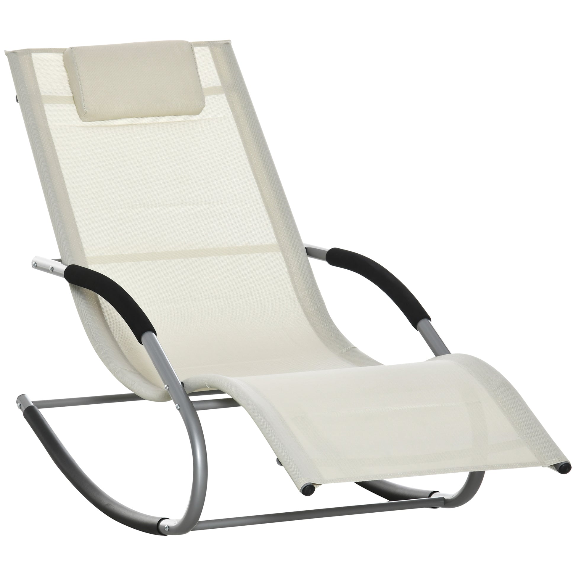 Outsunny Mecedora de Jardín Tumbona Mecedora con Reposacabezas Reposabrazos y Marco Metálico Carga 120 kg para Playa Patio Terraza 63x144x84 cm Beige