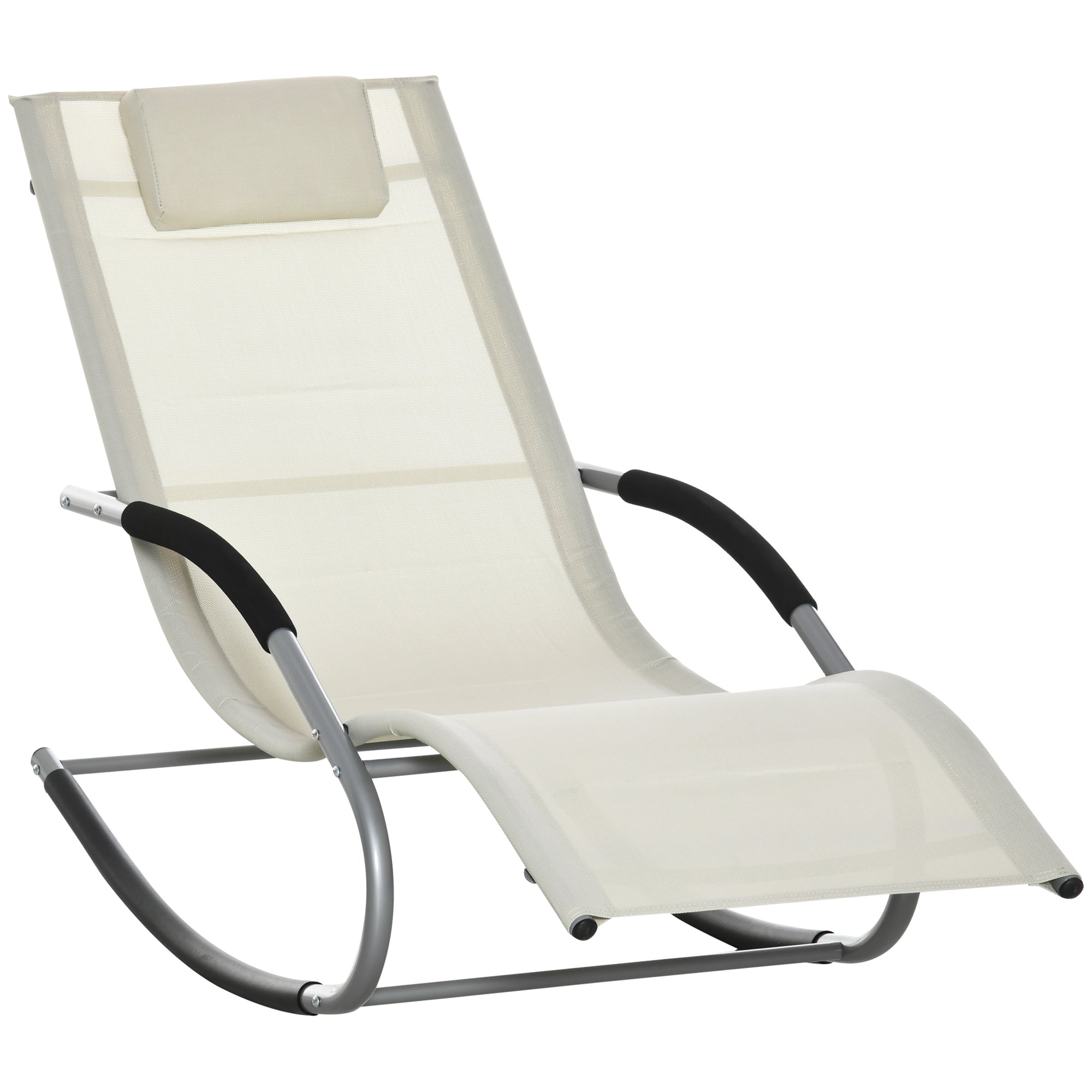Outsunny Mecedora de Jardín Tumbona Mecedora con Reposacabezas Reposabrazos y Marco Metálico Carga 120 kg para Playa Patio Terraza 63x144x84 cm Beige
