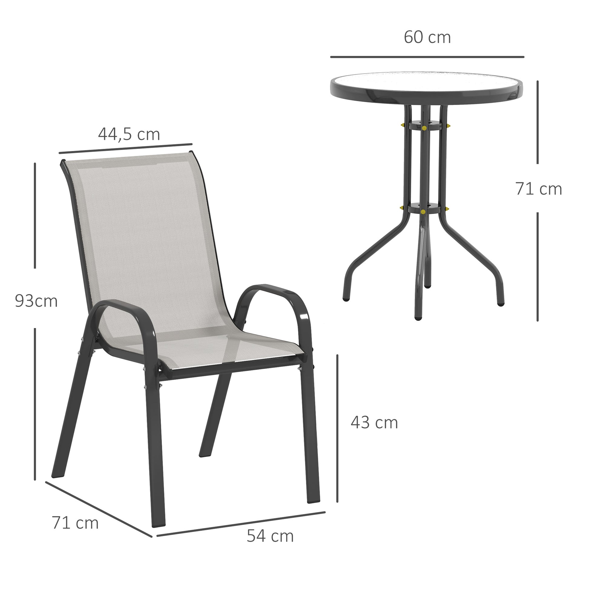 Outsunny Conjunto de Mesa y Sillas de Terraza Exterior de 3 Piezas, Muebles de Jardín Exterior con Sillas Apilables, Encimera de Vidrio y Estructura de Acero, para Patio, Gris Claro