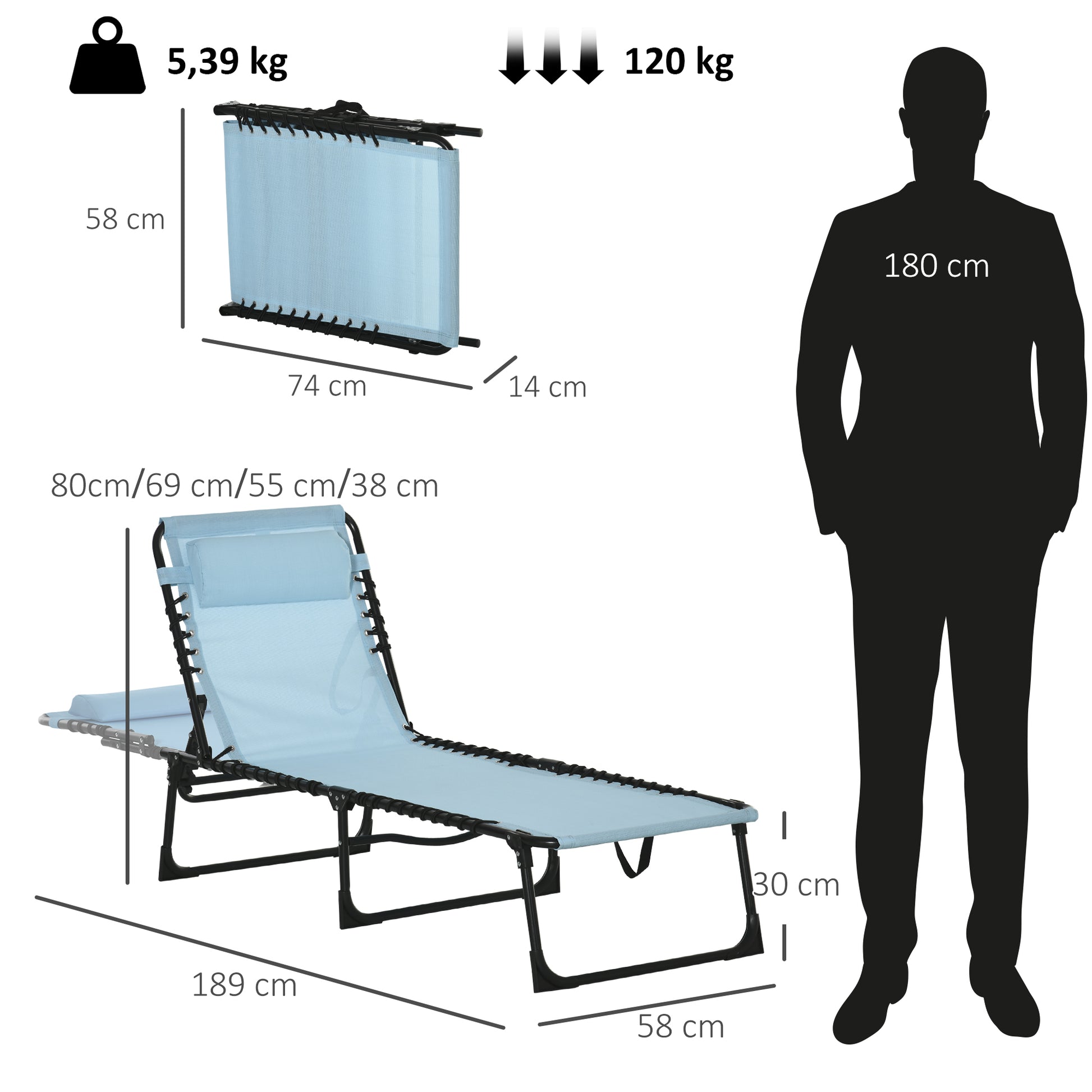 Outsunny Tumbona Plegable, Tumbona Jardín Exterior Reclinable 4 Posiciones con Reposacabezas y Marco de Acero, Carga 120 kg, para Terraza, Piscina, Playa, 189x58x30 cm, Verde Azulado