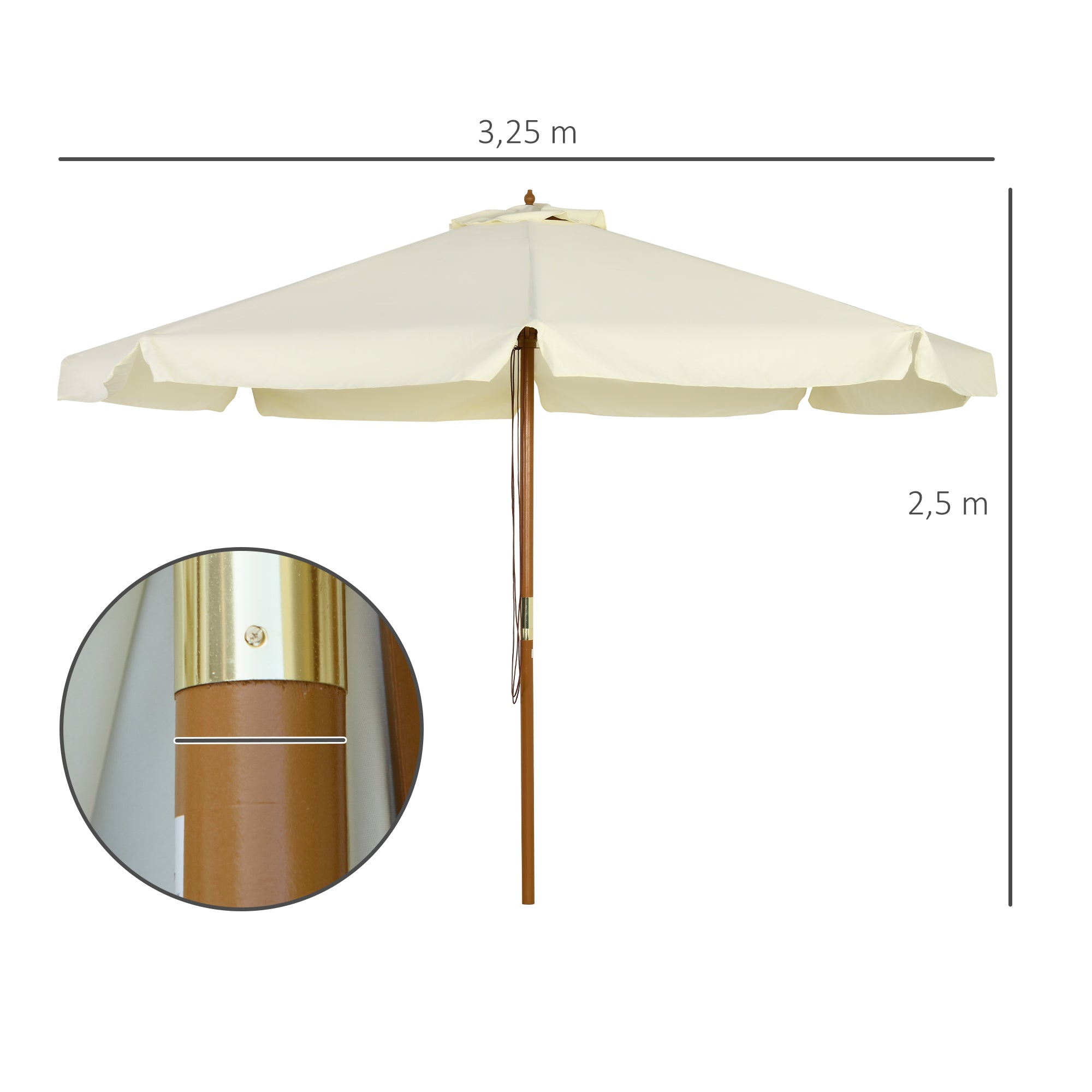Outsunny Sombrilla Terraza Exterior Ø325 cm Sombrilla de Jardín con Sistema de Polea Techo Ventilado 8 Varillas de Bambú y Poste de Madera Parasol para Patio Terraza Crema