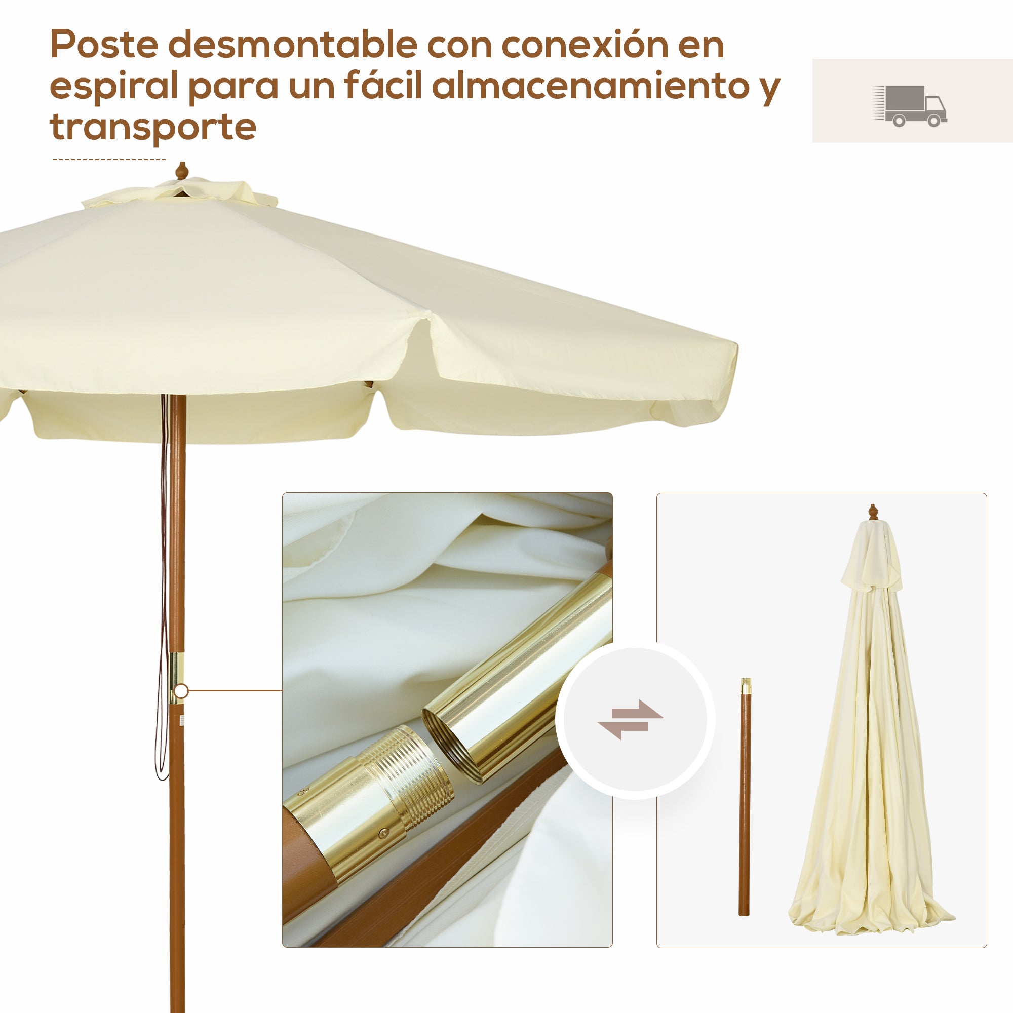 Outsunny Sombrilla Terraza Exterior Ø325 cm Sombrilla de Jardín con Sistema de Polea Techo Ventilado 8 Varillas de Bambú y Poste de Madera Parasol para Patio Terraza Crema