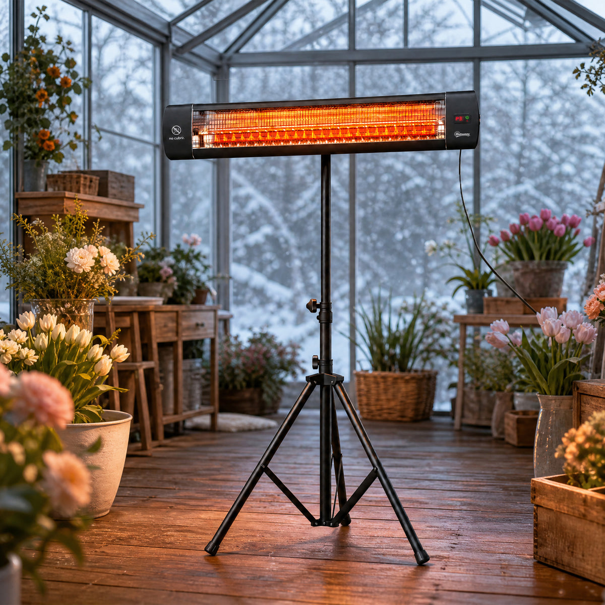 Outsunny Calefactor por Infrarrojos para Terraza 2500 W, Estufa Exterior Eléctrica de Pie de Aluminio con IP65, Trípode Regulable, 3 Niveles de Calor, Control Táctil/Remoto, Temporizador 24 H