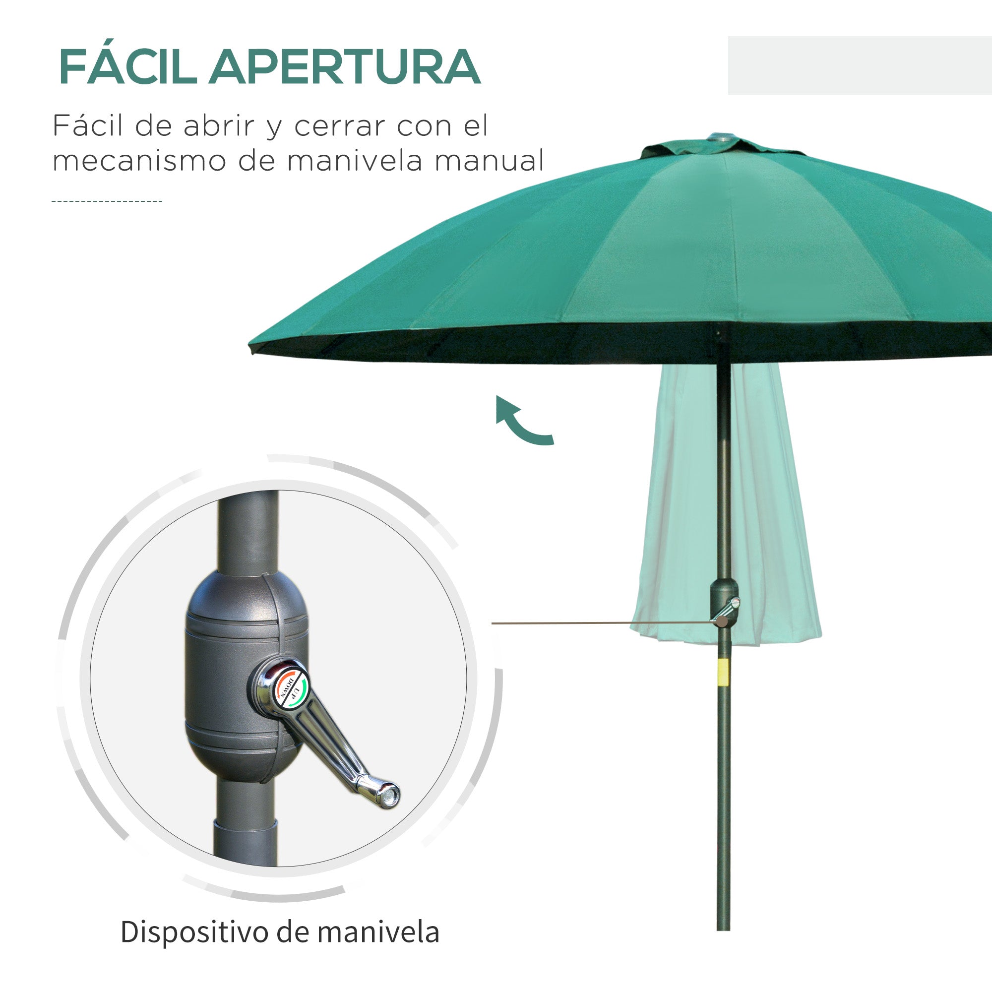 Outsunny Sombrilla Terraza Exterior Ø250 cm Sombrilla de Jardín con Ángulo Inclinable 18 Varillas y Manivela Impermeable Parasol para Patio Terraza Verde