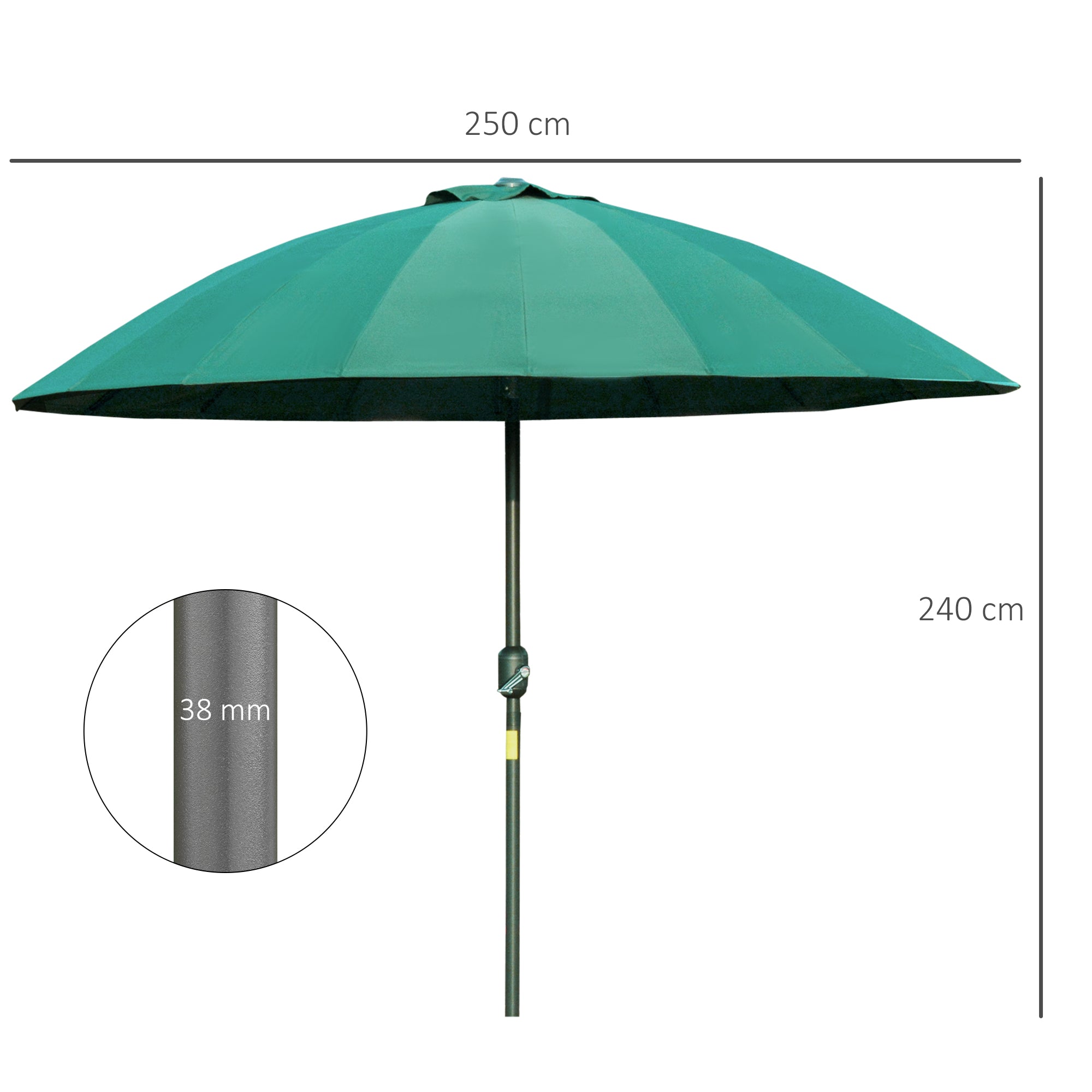 Outsunny Sombrilla Terraza Exterior Ø250 cm Sombrilla de Jardín con Ángulo Inclinable 18 Varillas y Manivela Impermeable Parasol para Patio Terraza Verde