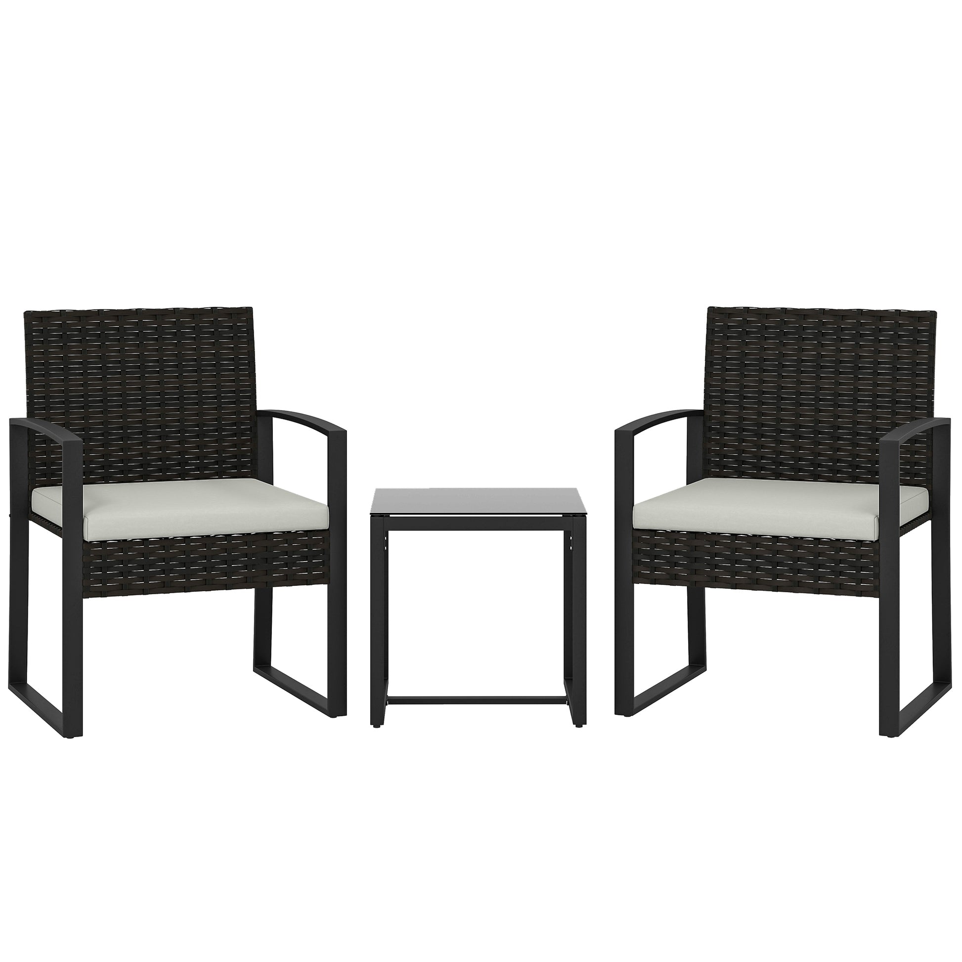 Outsunny Conjunto de Jardín Exterior de 3 Piezas, Muebles Jardín Exterior de Ratán con 2 Sillas con Cojines Lavables y Mesa de Vidrio Templado, Resistente a Intemperie, para Balcón, Patio, Crema