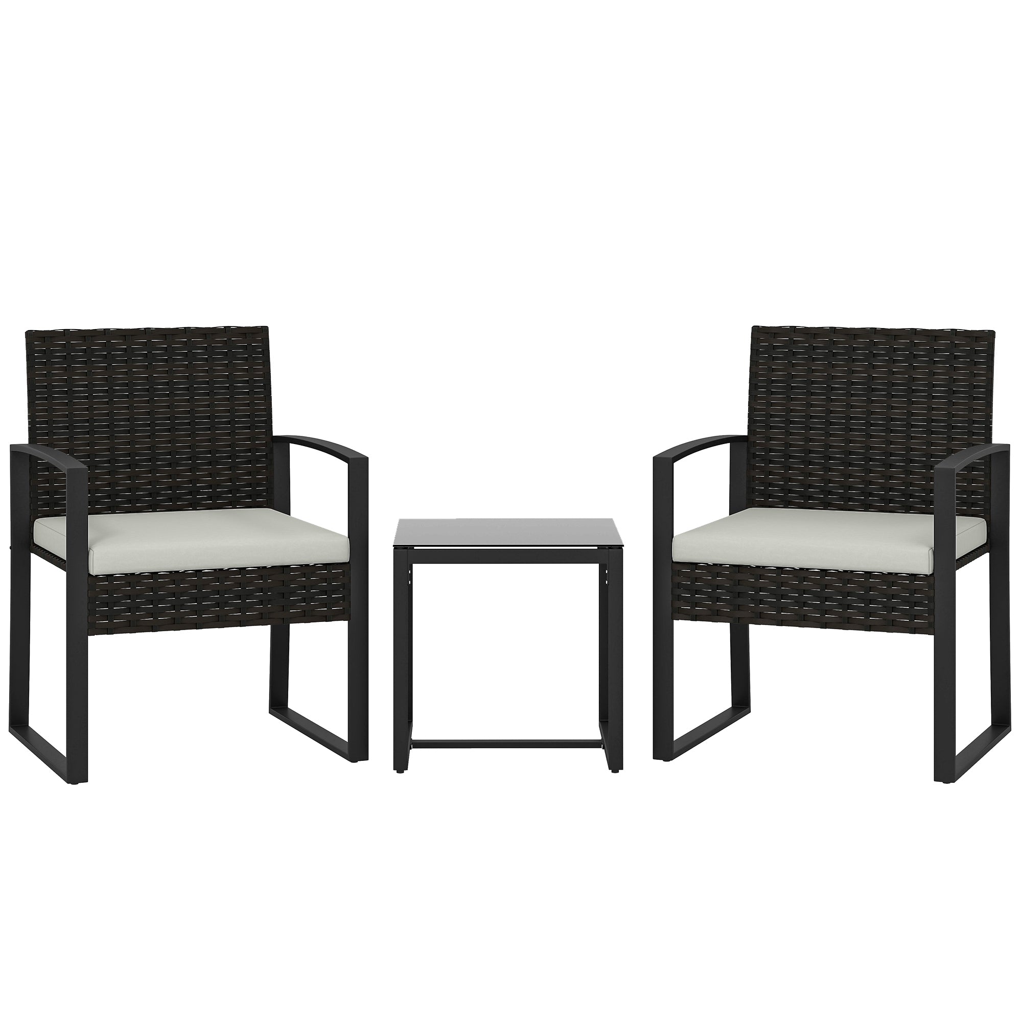 Outsunny Conjunto de Jardín Exterior de 3 Piezas, Muebles Jardín Exterior de Ratán con 2 Sillas con Cojines Lavables y Mesa de Vidrio Templado, Resistente a Intemperie, para Balcón, Patio, Crema