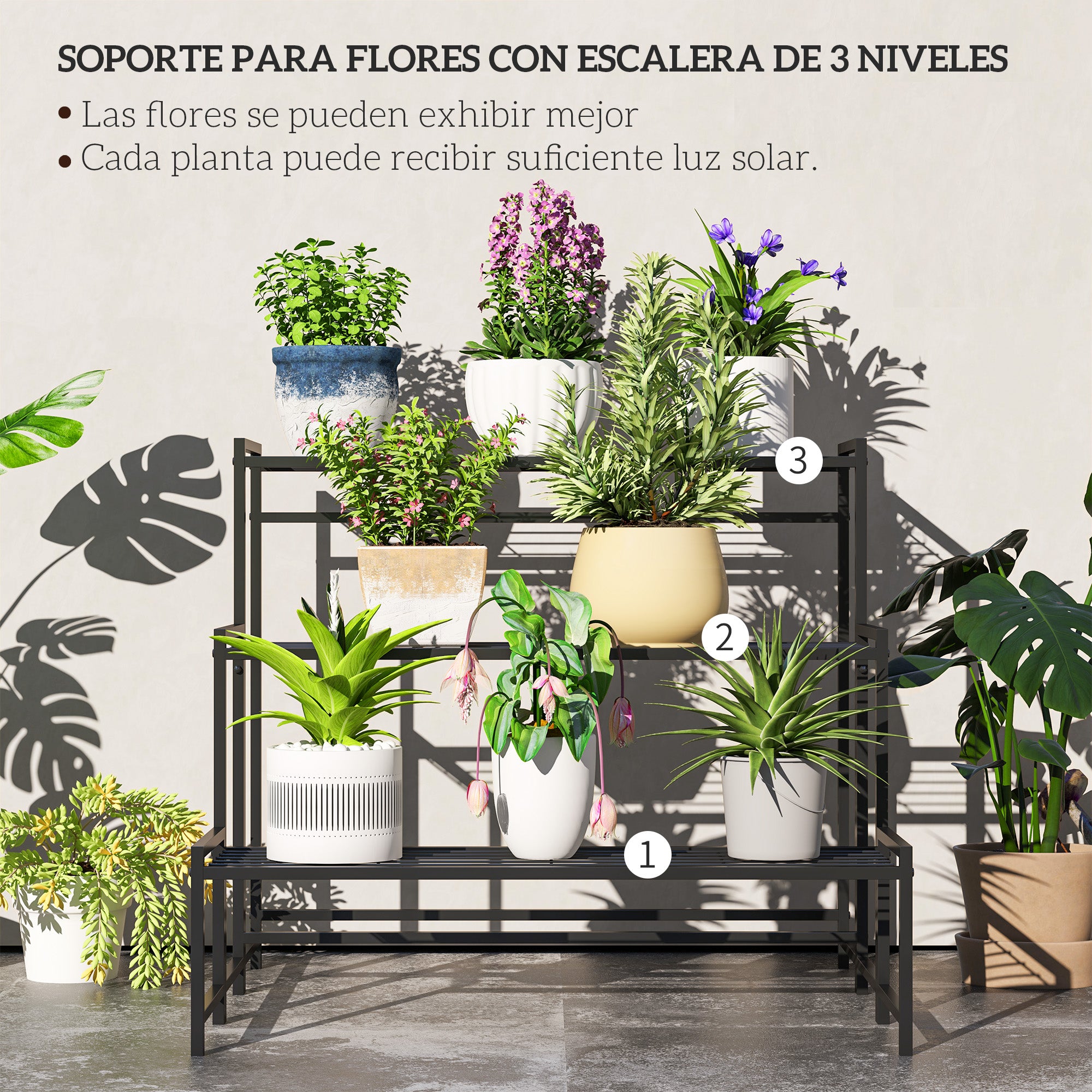 Outsunny Soporte para Plantas de 3 Niveles Estantería para Plantas para Esquina Diseño en Escalera Soporte para Macetas Interior y Exterior 75x70x66 cm Negro