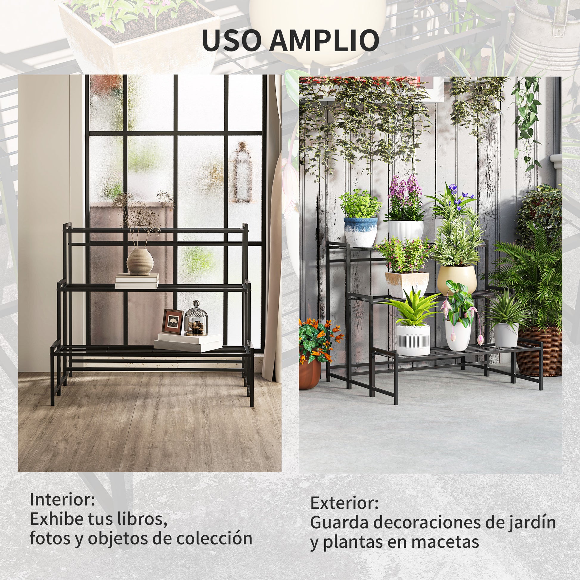 Outsunny Soporte para Plantas de 3 Niveles Estantería para Plantas para Esquina Diseño en Escalera Soporte para Macetas Interior y Exterior 75x70x66 cm Negro