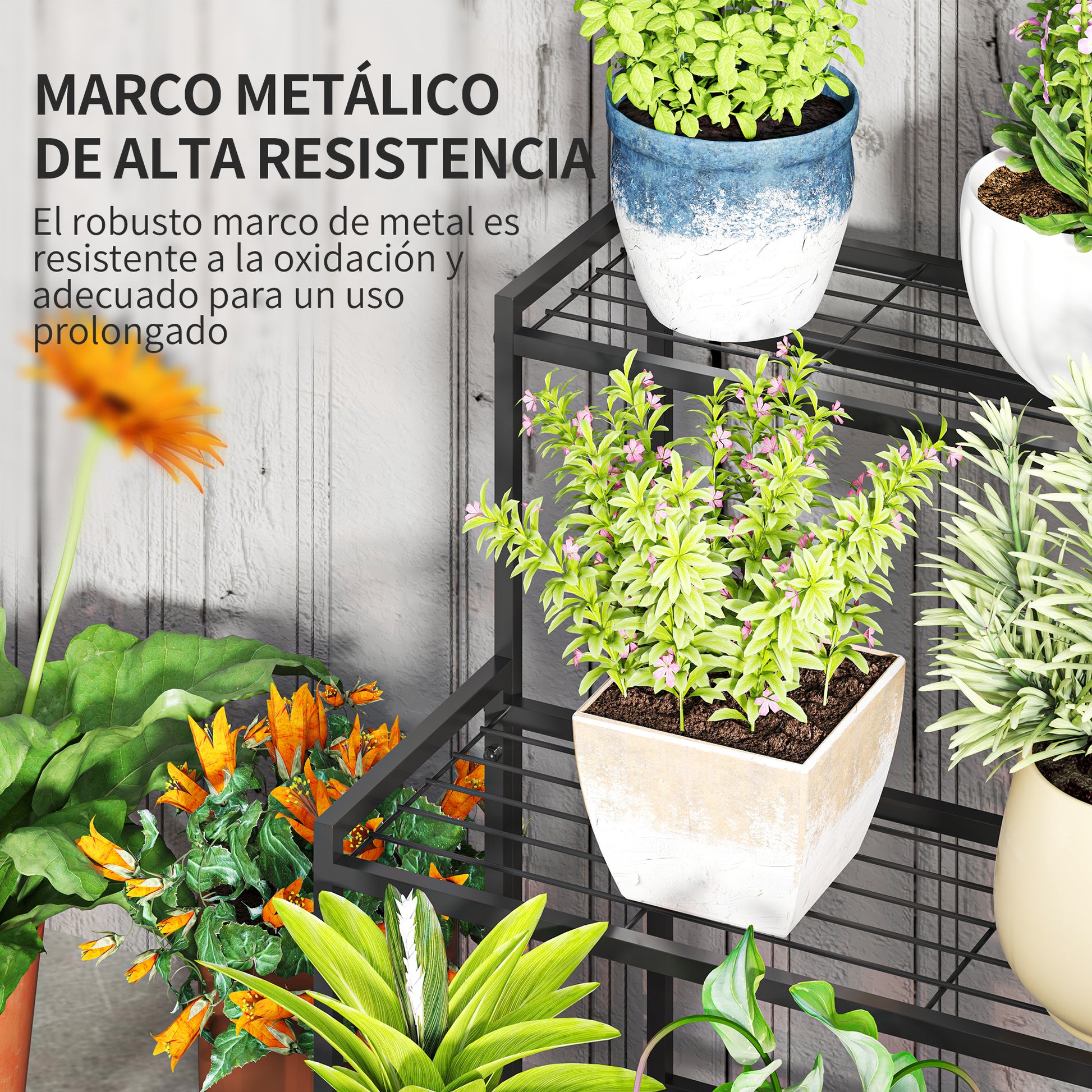 Outsunny Soporte para Plantas de 3 Niveles Estantería para Plantas para Esquina Diseño en Escalera Soporte para Macetas Interior y Exterior 75x70x66 cm Negro