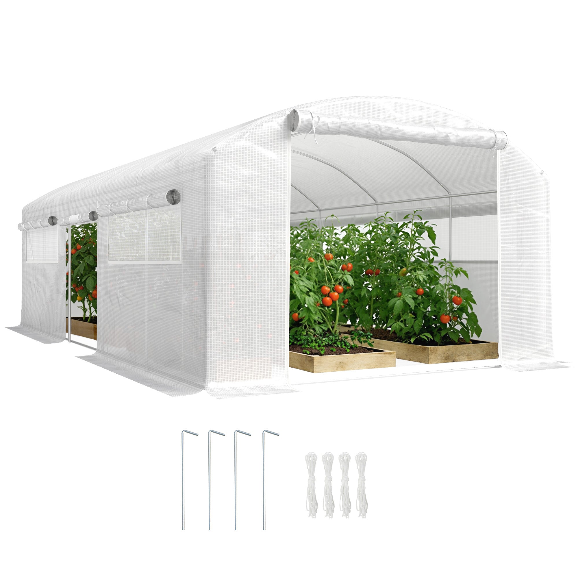 Outsunny Invernadero de Exterior 6x3x2 m, Invernadero de Túnel con 3 Puertas Enrollables, Ventanas de Malla, Cubierta PE 140g/m² Anti-UV y Marco de Acero Galvanizado, para Cultivos, Plantas, Blanco