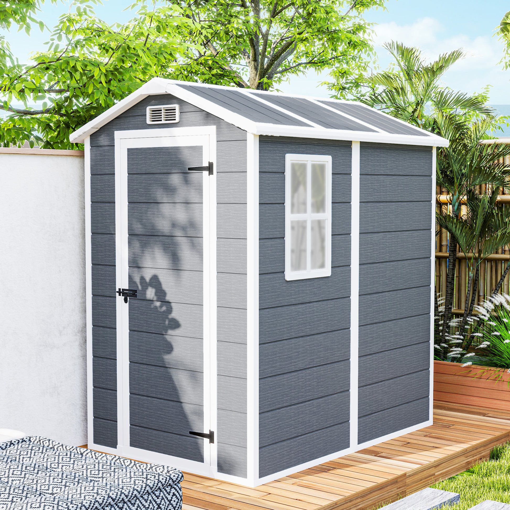 Outsunny Caseta de Jardín Exterior, 2,1 m², 131x186x198 cm, Cobertizo de Jardín Exterior con Suelo, Puerta con Cerradura, Ventana y 2 Ventilaciones, para Almacenamiento de Herramientas, Gris