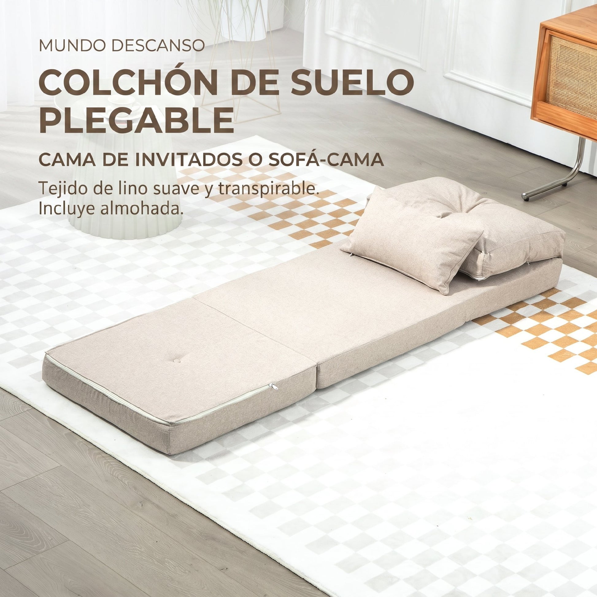 HOMCOM Sofá Cama Individual Plegable 3 en 1, Sofá Cama, Tapizado en Lino, con Respaldo Ajustable 5 Posiciones, Almohadas, Marco Metálico, para Dormitorio, Salón, Beige