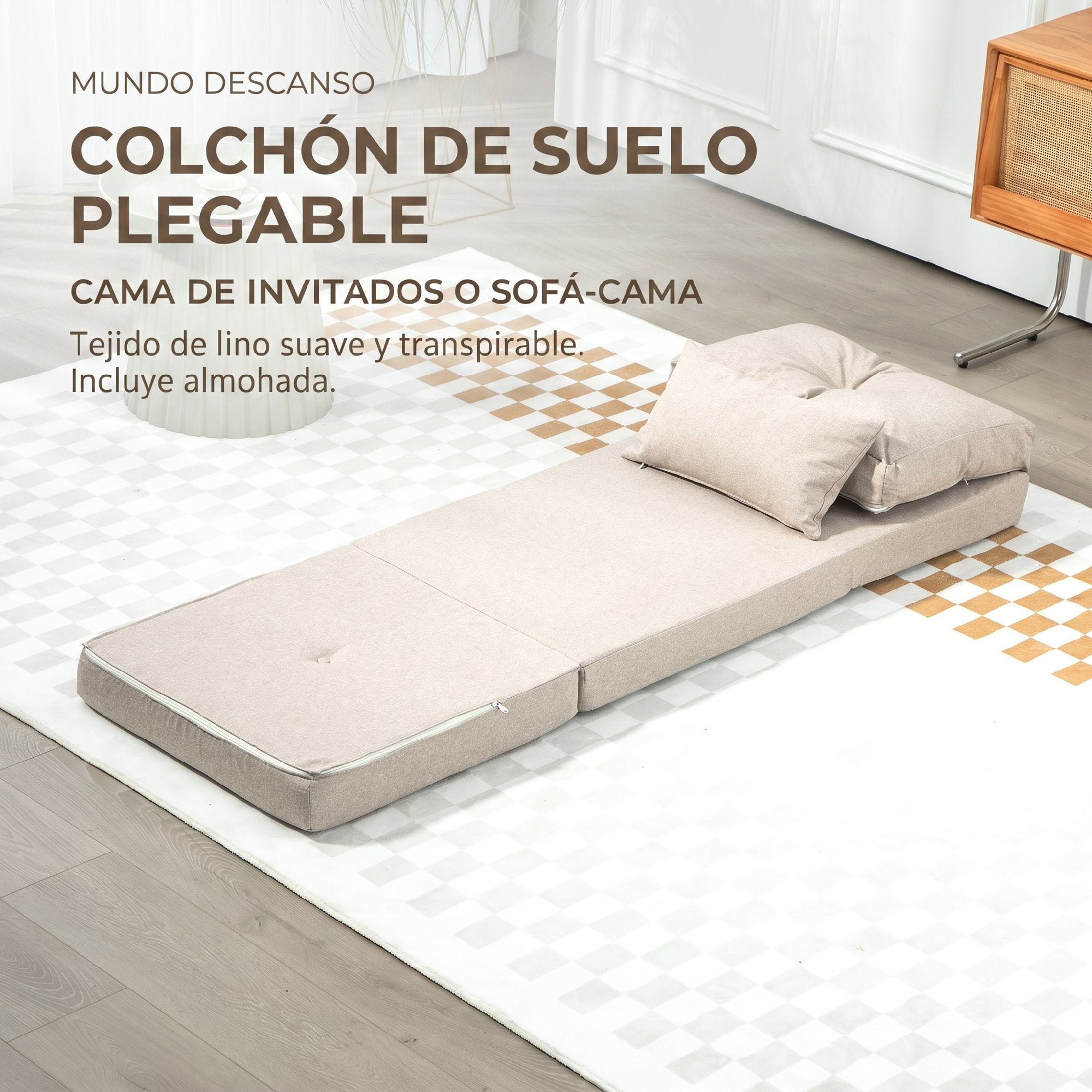 HOMCOM Sofá Cama Individual Plegable 3 en 1, Sofá Cama, Tapizado en Lino, con Respaldo Ajustable 5 Posiciones, Almohadas, Marco Metálico, para Dormitorio, Salón, Beige