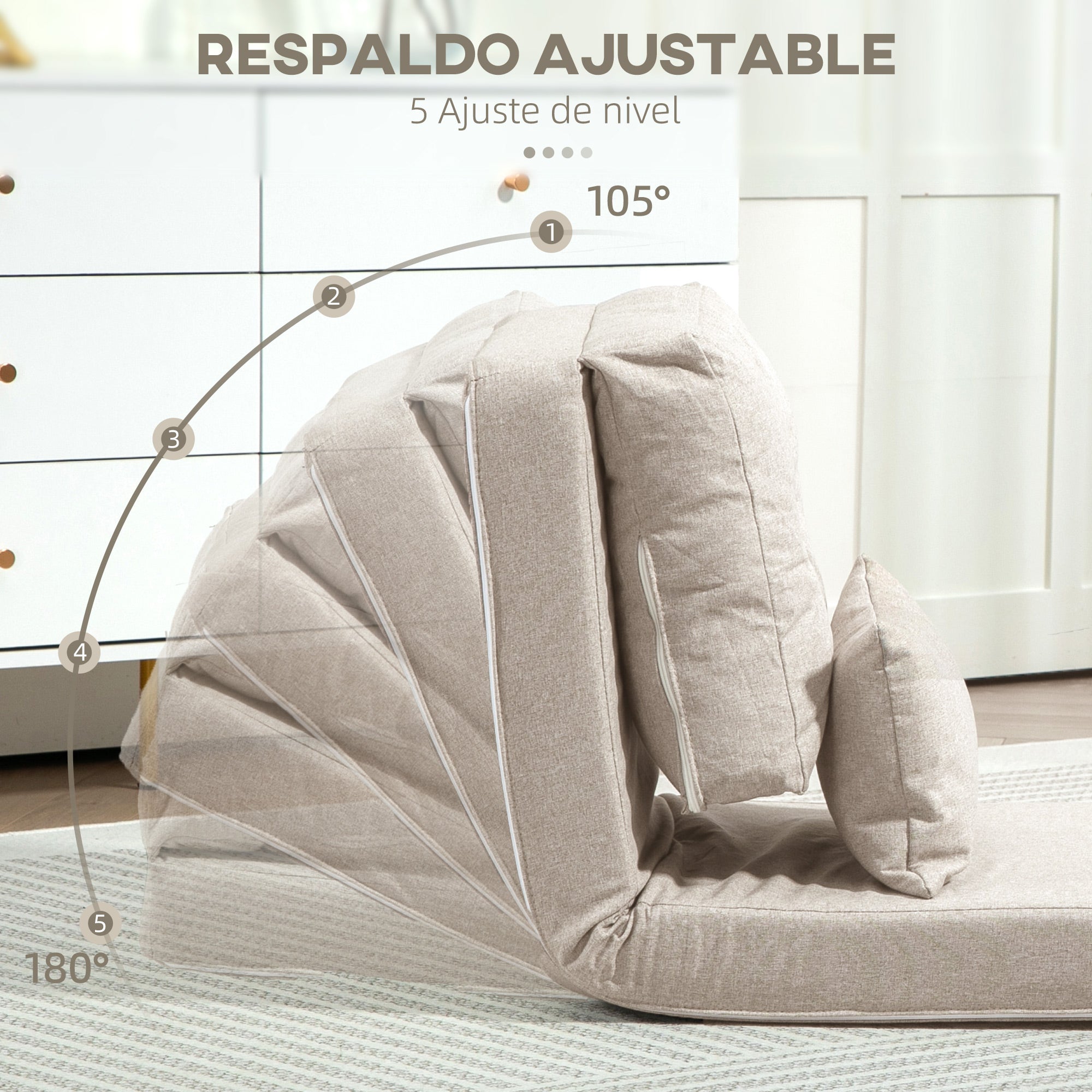 HOMCOM Sofá Cama Individual Plegable 3 en 1, Sofá Cama, Tapizado en Lino, con Respaldo Ajustable 5 Posiciones, Almohadas, Marco Metálico, para Dormitorio, Salón, Beige