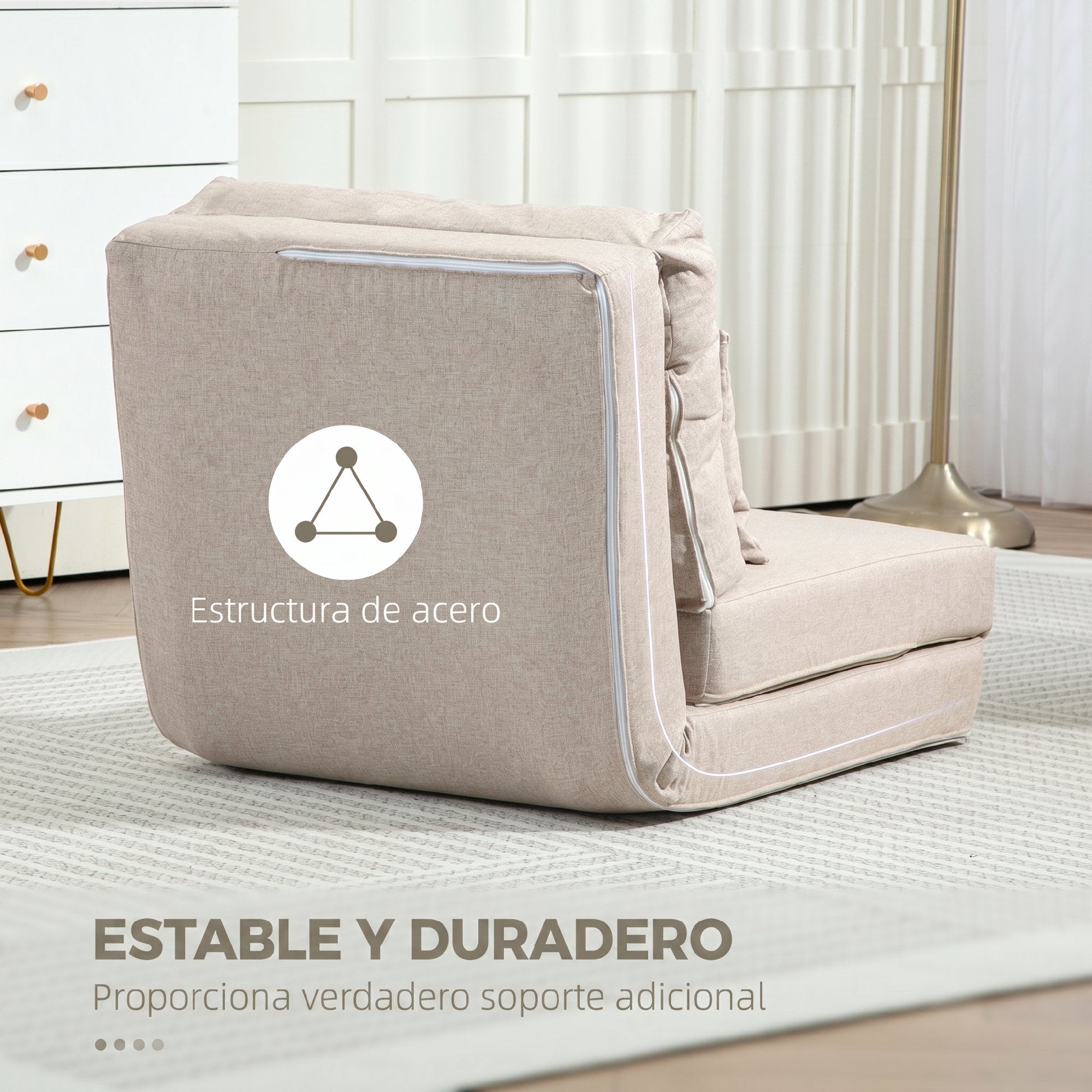HOMCOM Sofá Cama Individual Plegable 3 en 1, Sofá Cama, Tapizado en Lino, con Respaldo Ajustable 5 Posiciones, Almohadas, Marco Metálico, para Dormitorio, Salón, Beige