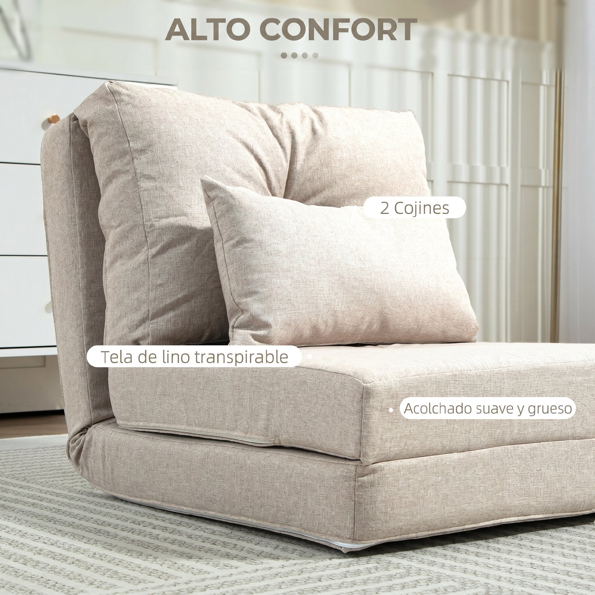 HOMCOM Sofá Cama Individual Plegable 3 en 1, Sofá Cama, Tapizado en Lino, con Respaldo Ajustable 5 Posiciones, Almohadas, Marco Metálico, para Dormitorio, Salón, Beige