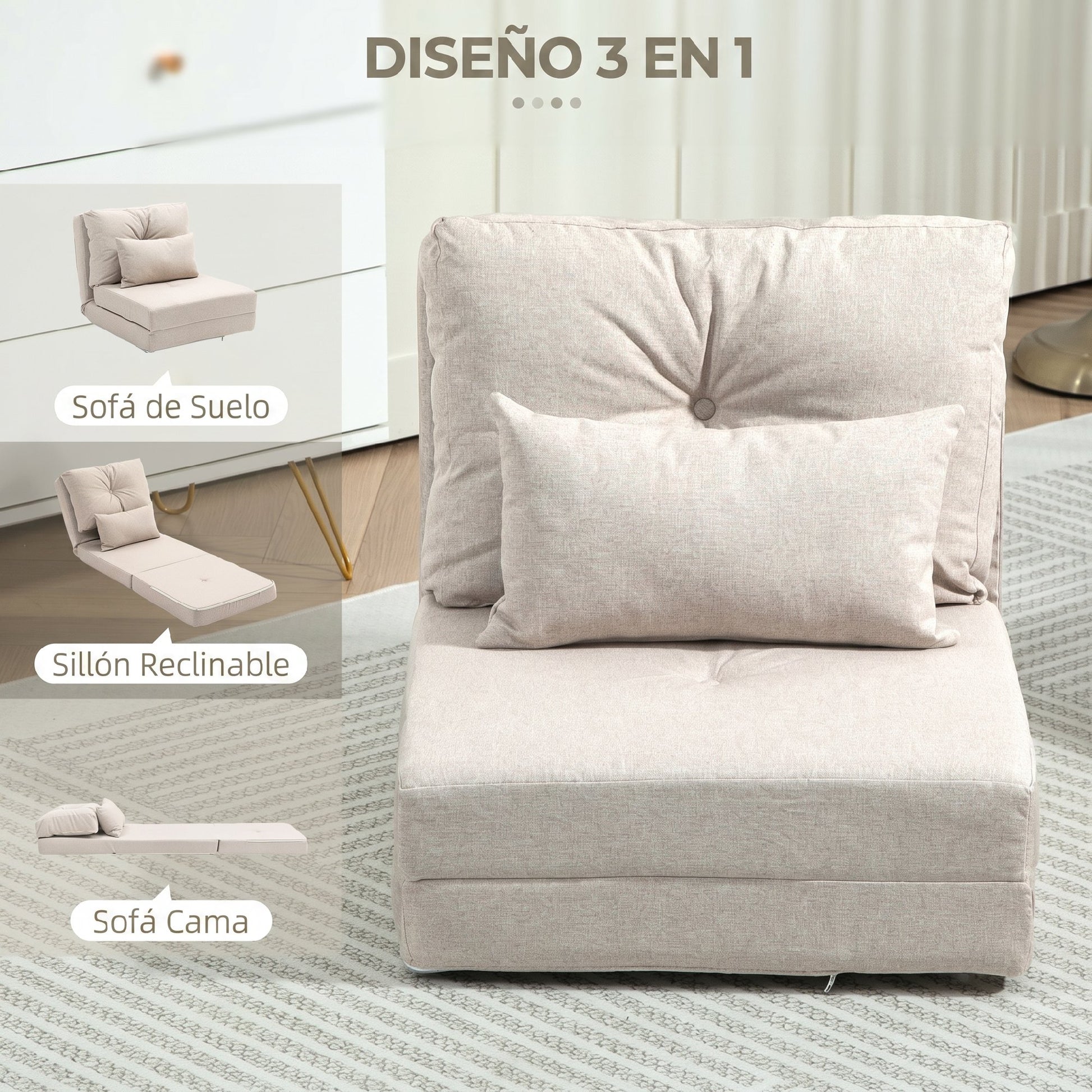 HOMCOM Sofá Cama Individual Plegable 3 en 1, Sofá Cama, Tapizado en Lino, con Respaldo Ajustable 5 Posiciones, Almohadas, Marco Metálico, para Dormitorio, Salón, Beige
