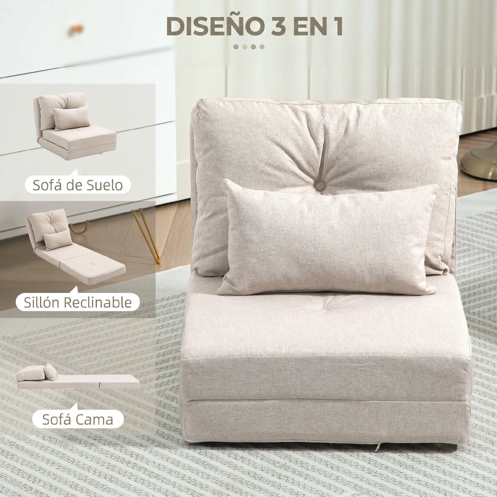 HOMCOM Sofá Cama Individual Plegable 3 en 1, Sofá Cama, Tapizado en Lino, con Respaldo Ajustable 5 Posiciones, Almohadas, Marco Metálico, para Dormitorio, Salón, Beige