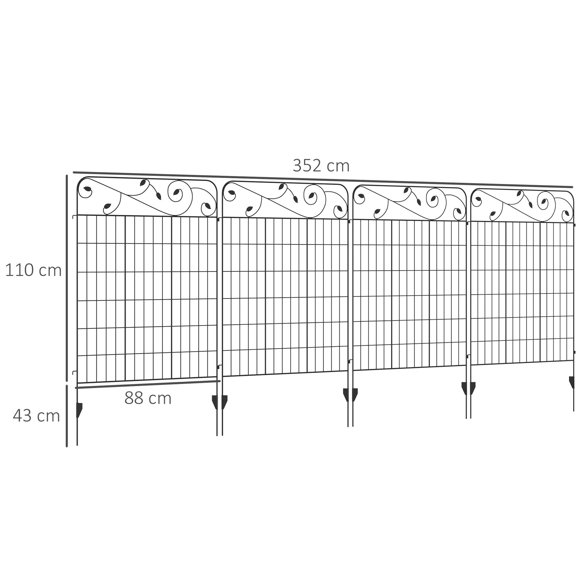 Outsunny Vallas de Jardín Exterior de 4 Paneles 88x110 cm Vallas de Jardín Metálicas Vallas Decorativas con Ángulo Ajustable para Patio Terraza Negro